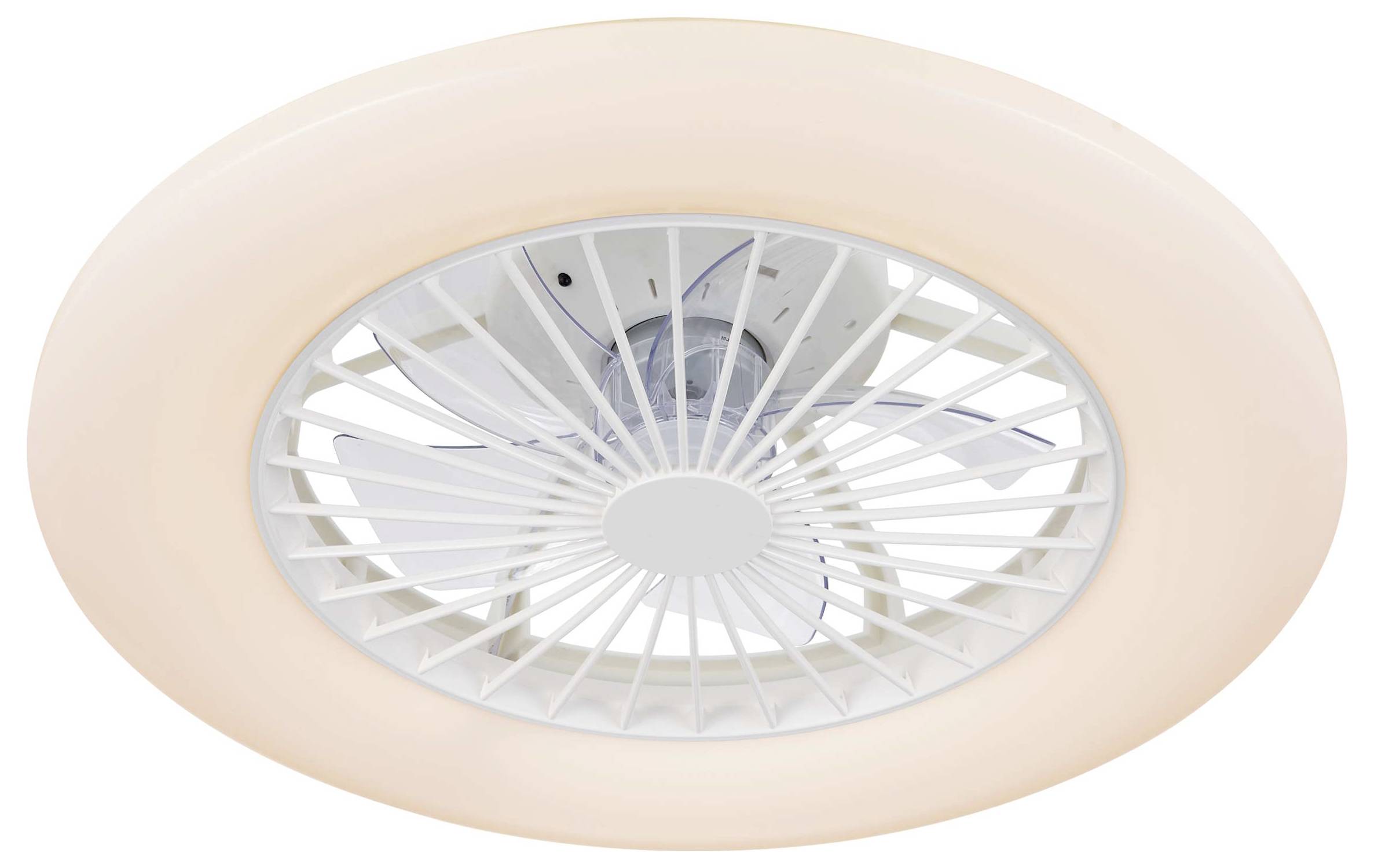 Ventilateur de plafond avec éclairage LED intégré, boîtier blanc, forme ronde, pales visibles derrière une grille de protection.