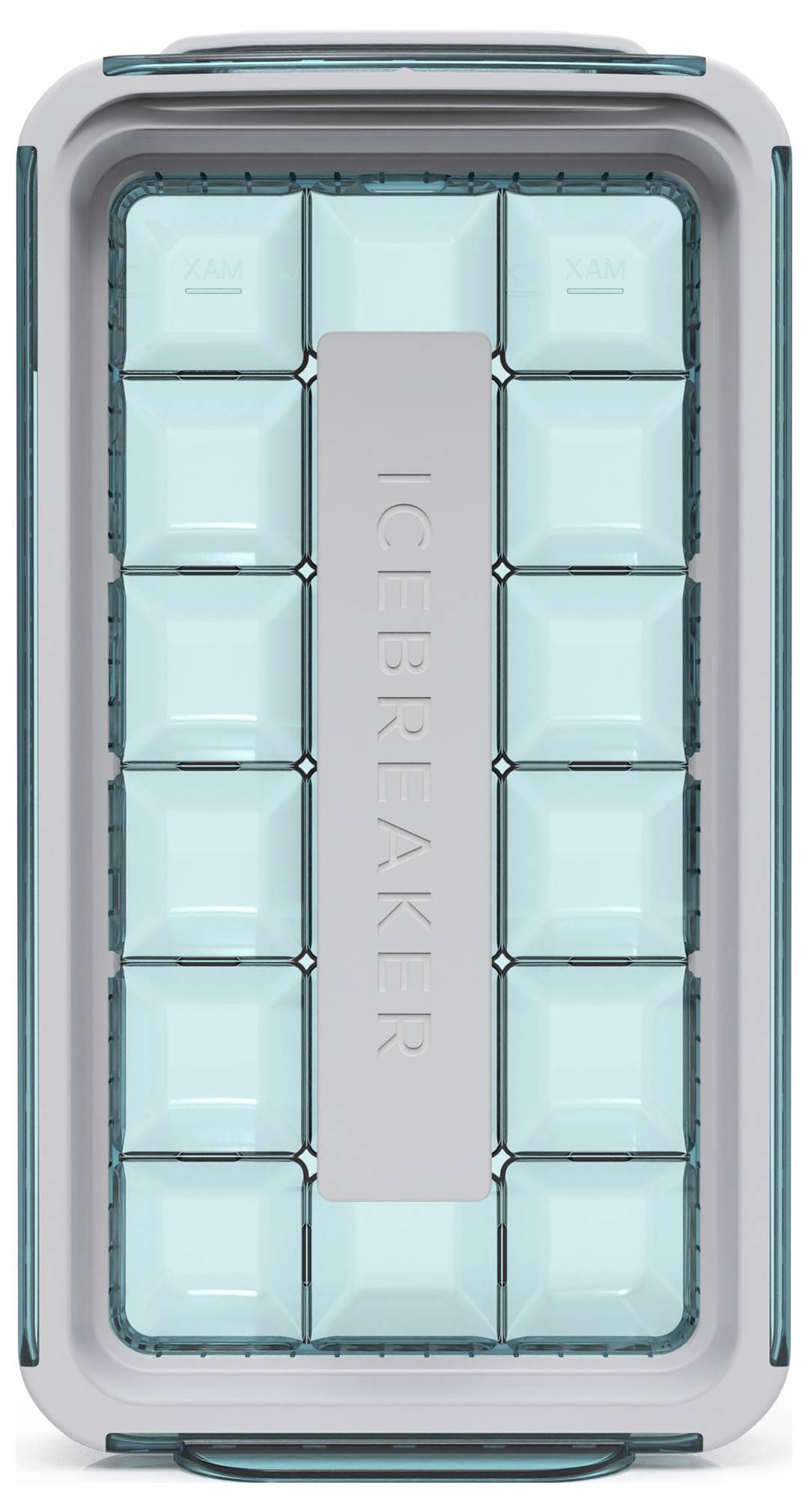 Moule à glaçons avec 12 glaçons bleus disposés en deux rangées, entourés d'une bordure blanche.