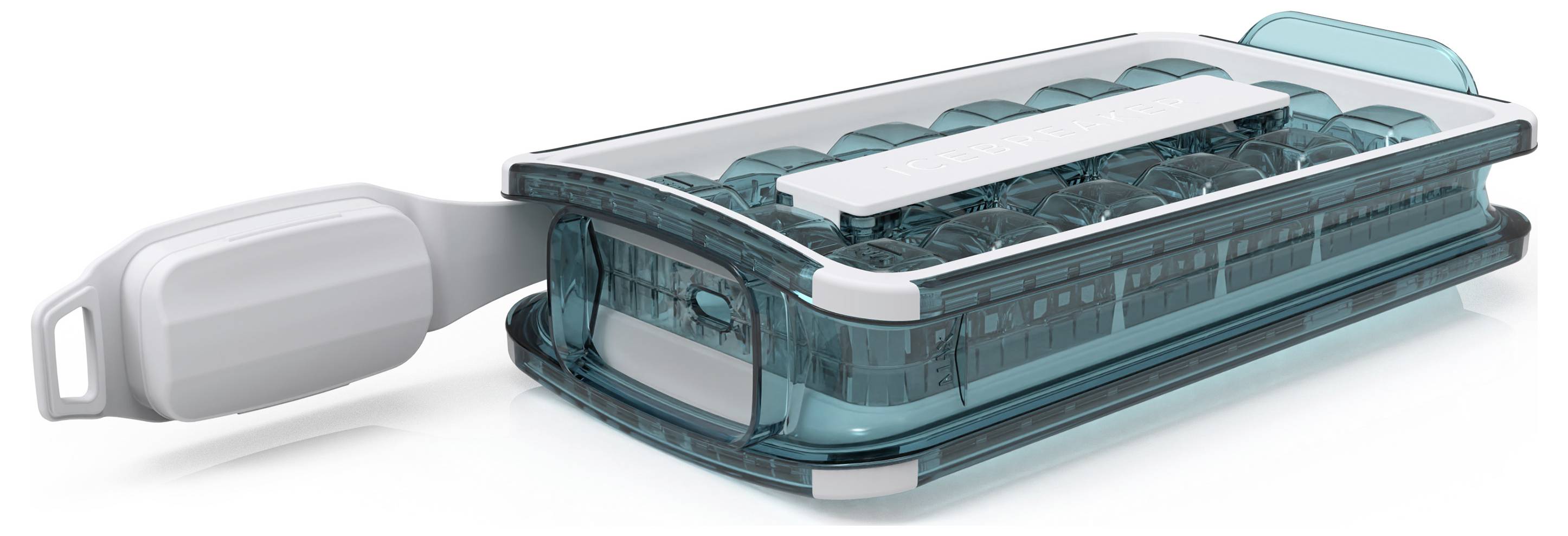 Bac à glaçons en plastique bleu avec couvercle amovible et poignée blanche, conçu pour faciliter la congélation et l'extraction des glaçons.