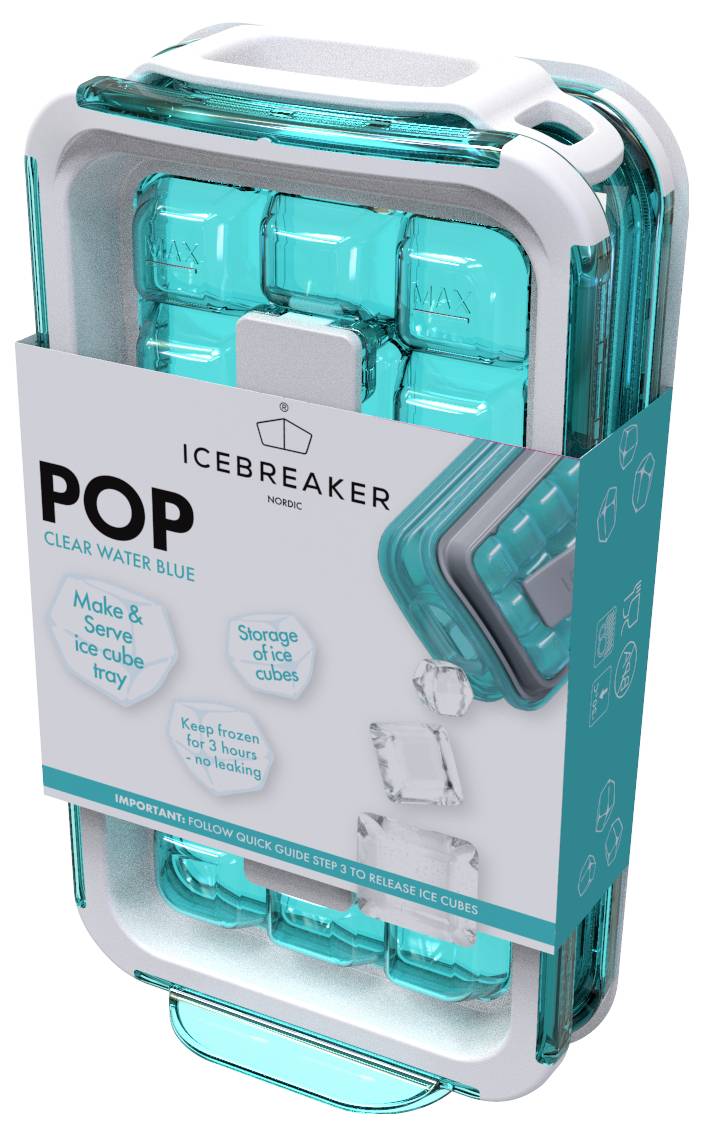 Moule à glaçons transparent avec bordure bleue, marque 'Icebreaker'. Plateau de service et rangement en un.