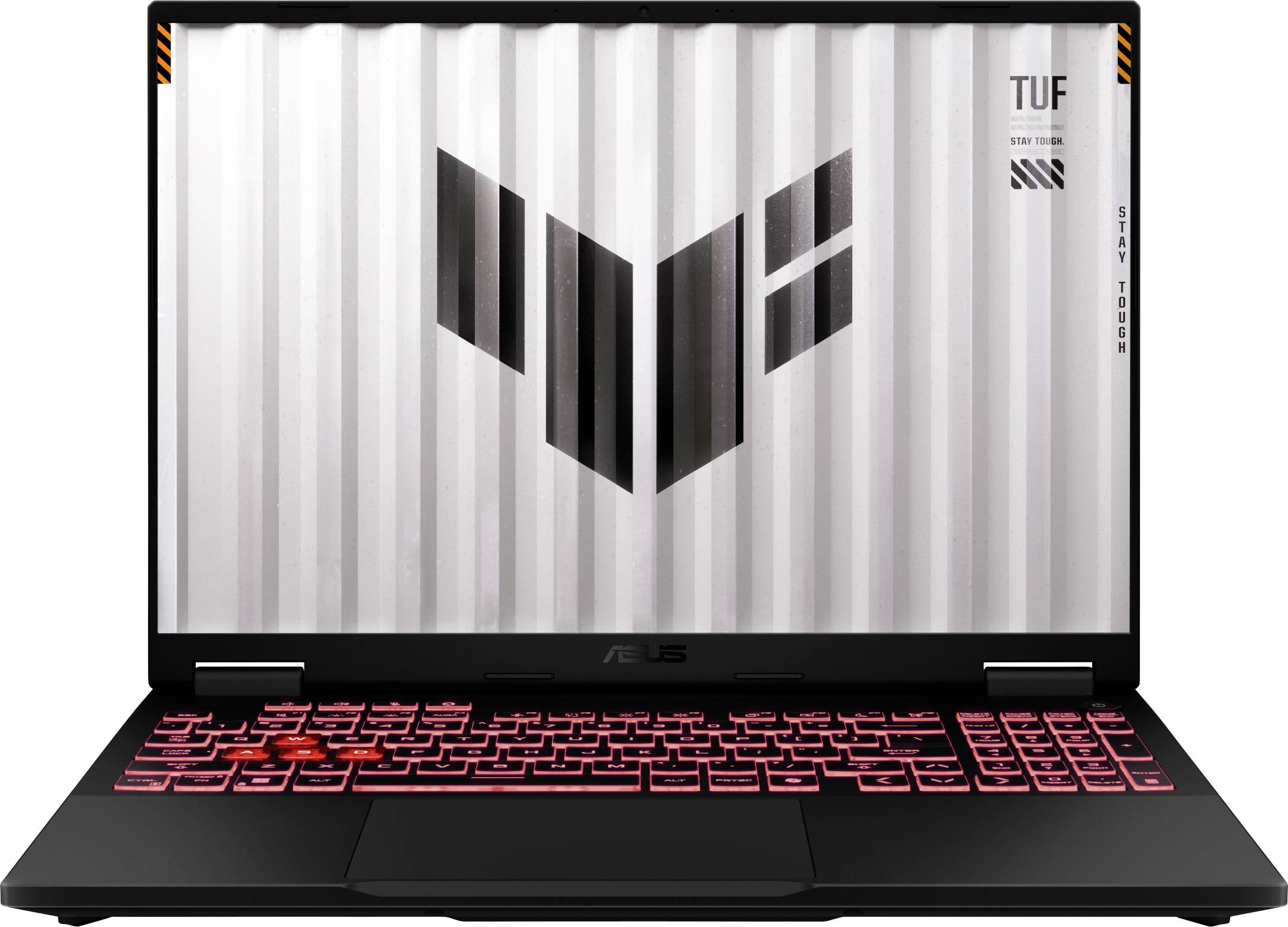 Ordinateur portable noir ASUS avec un clavier rétroéclairé rouge et un écran blanc sur lequel un grand logo géométrique noir est visible.