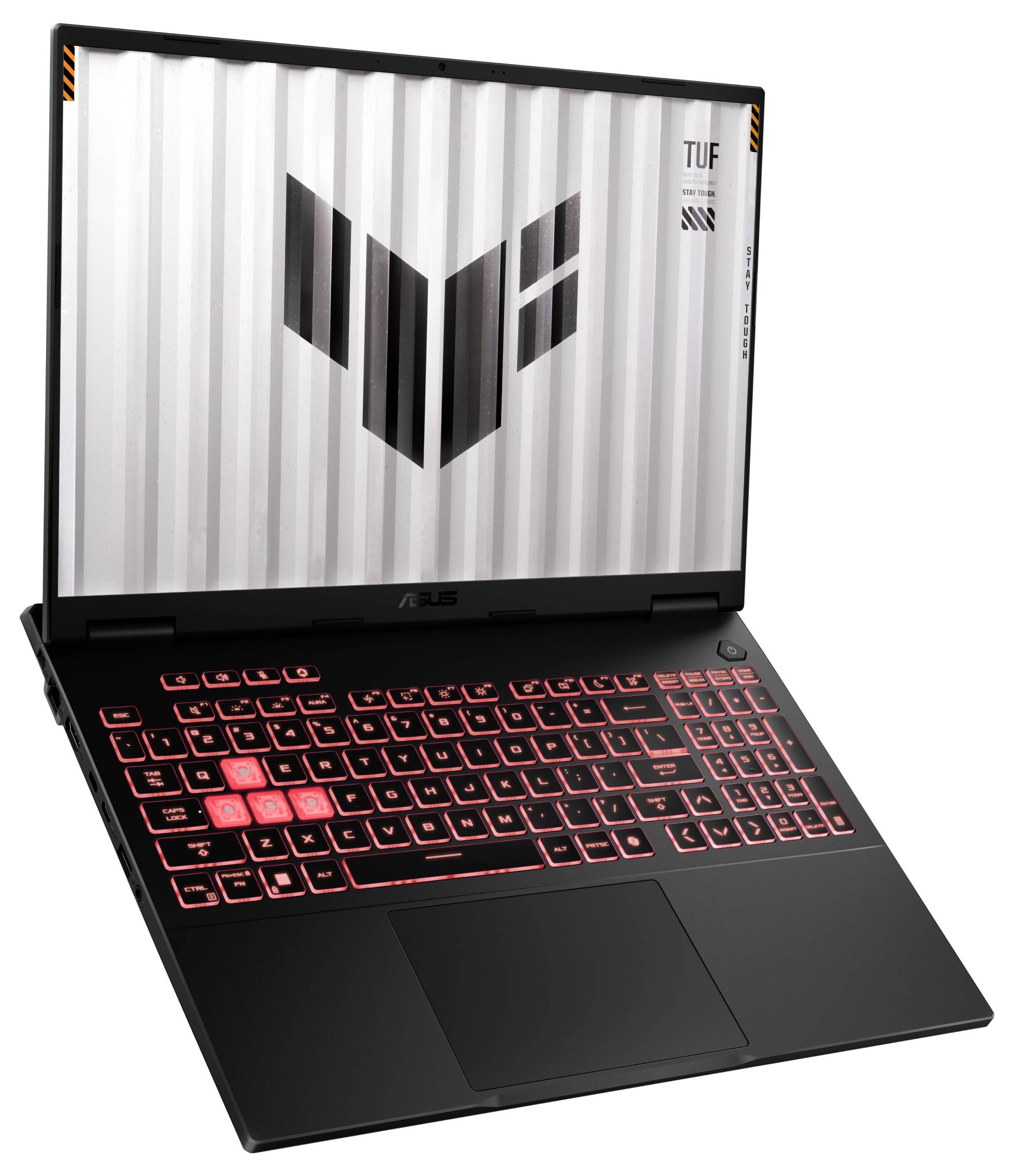 Ordinateur portable de gaming noir avec un clavier rétroéclairé en rouge. Un emblème stylisé avec les lettres 'TUF' est visible sur l'écran.