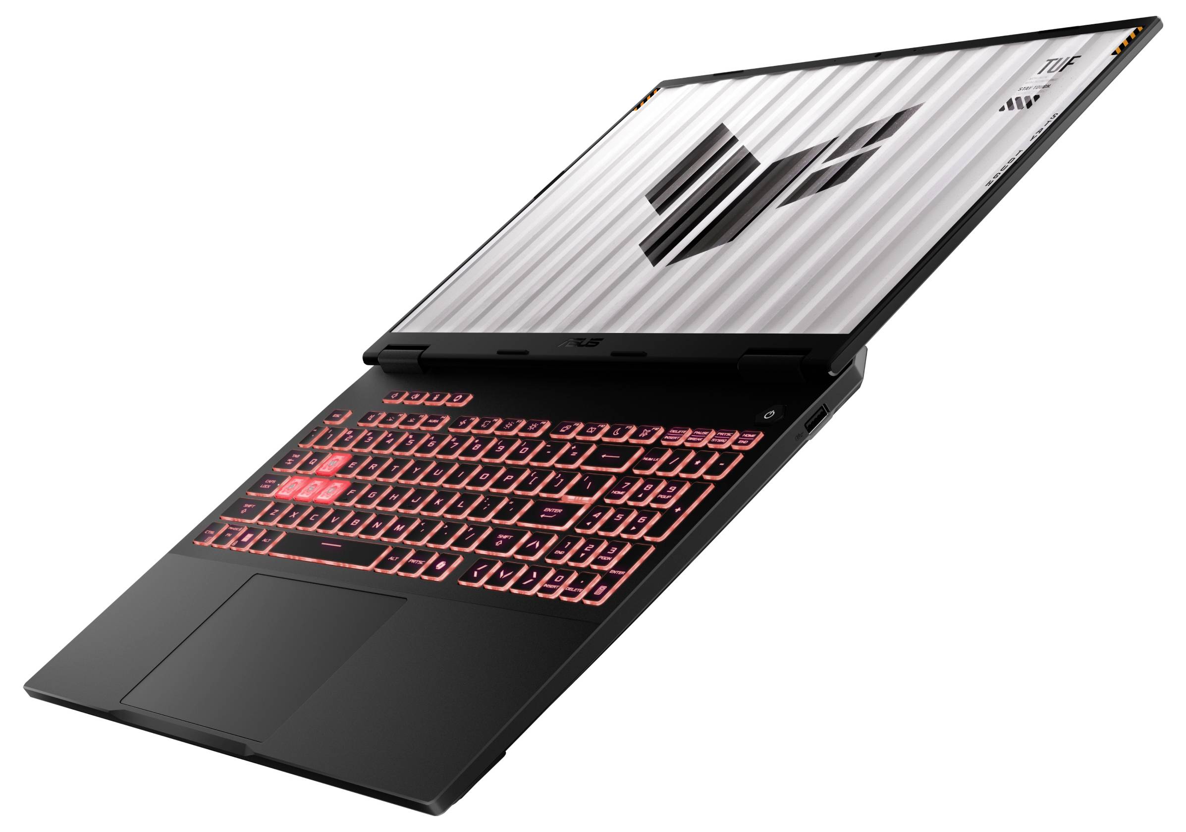 Ordinateur portable noir avec rétroéclairage rouge du clavier, ouvert à un angle. Un motif géométrique est visible sur l'écran.