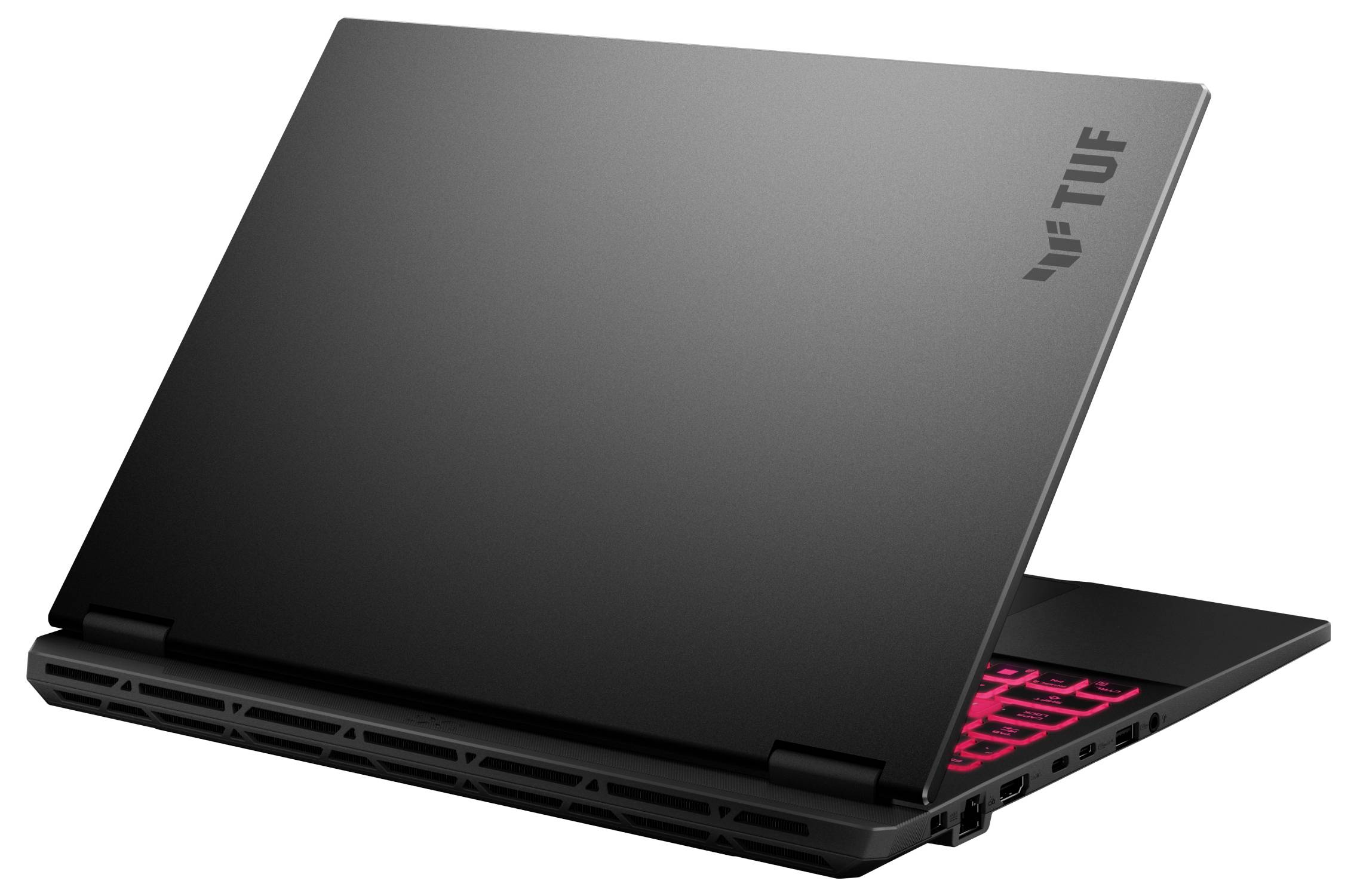 Un ordinateur portable noir avec le logo 'TUF' sur le couvercle. Le clavier rétroéclairé semble rouge. À l'arrière, des fentes de ventilation sont visibles.