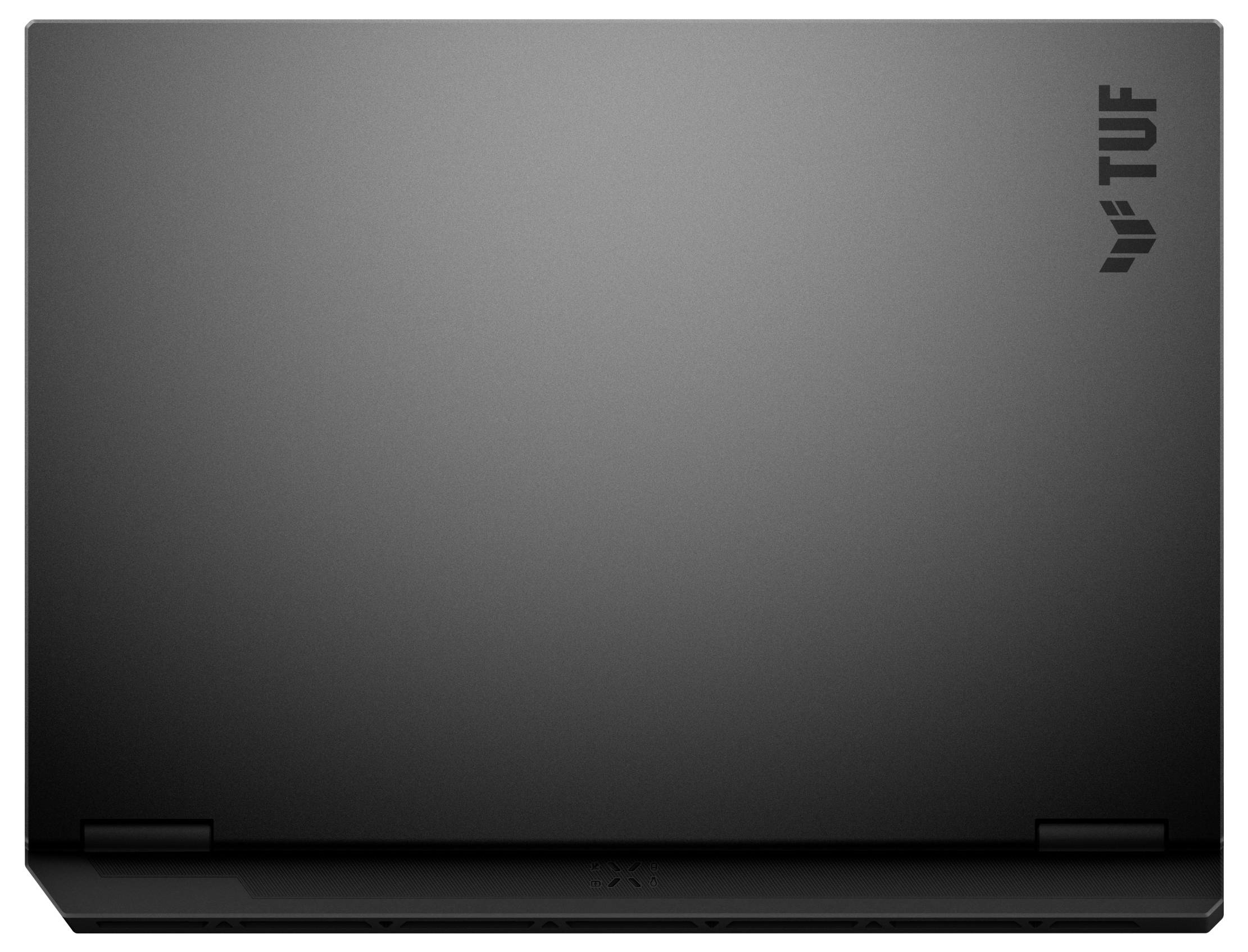 Boîtier d'ordinateur portable gris foncé avec le logo 'TUF' dans le coin supérieur droit.