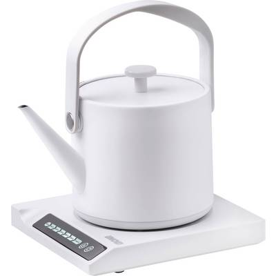 Bouilloire électrique au design moderne, blanche, avec bec verseur allongé, grande poignée et panneau de commande numérique à la base.