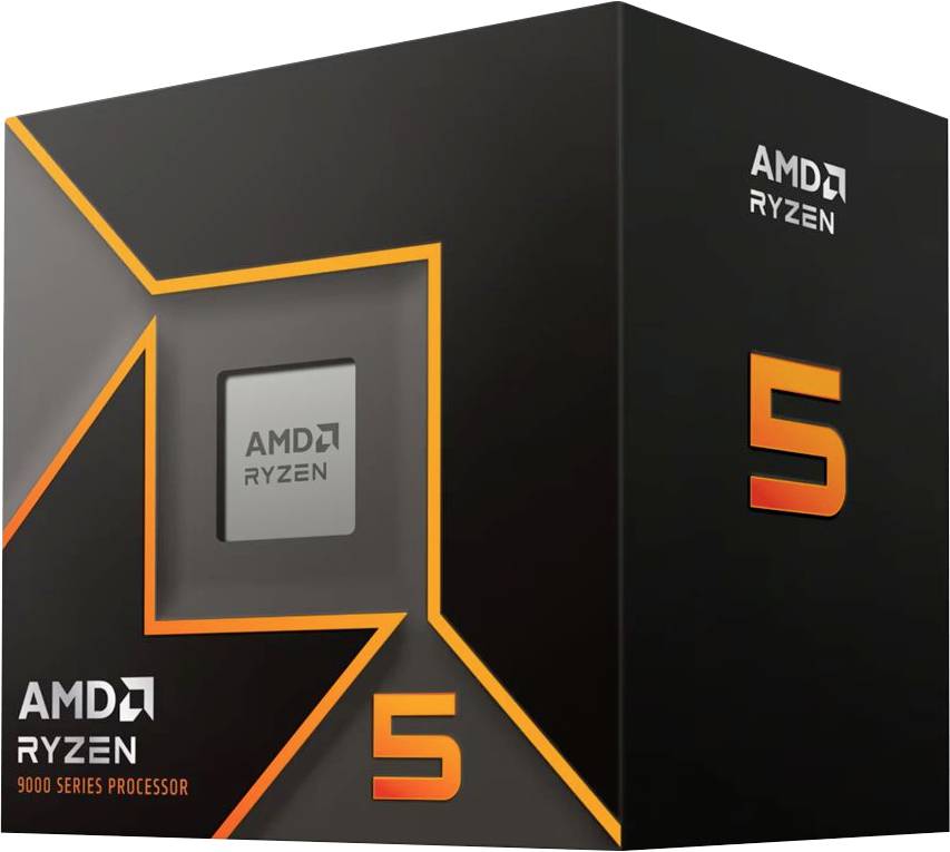 Emballage du processeur AMD Ryzen 5 avec un design géométrique et l'inscription « Processeur série 9000 ».