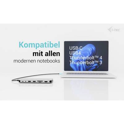 Un ordinateur portable doté d'un adaptateur affiche une compatibilité avec USB-C, USB4, Thunderbolt™ 4 et Thunderbolt™ 3 pour les ordinateurs portables modernes.