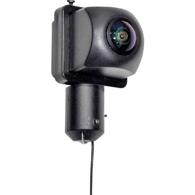 Une caméra de surveillance noire avec un objectif incurvé pointe vers la droite. Elle est montée sur un support cylindrique.