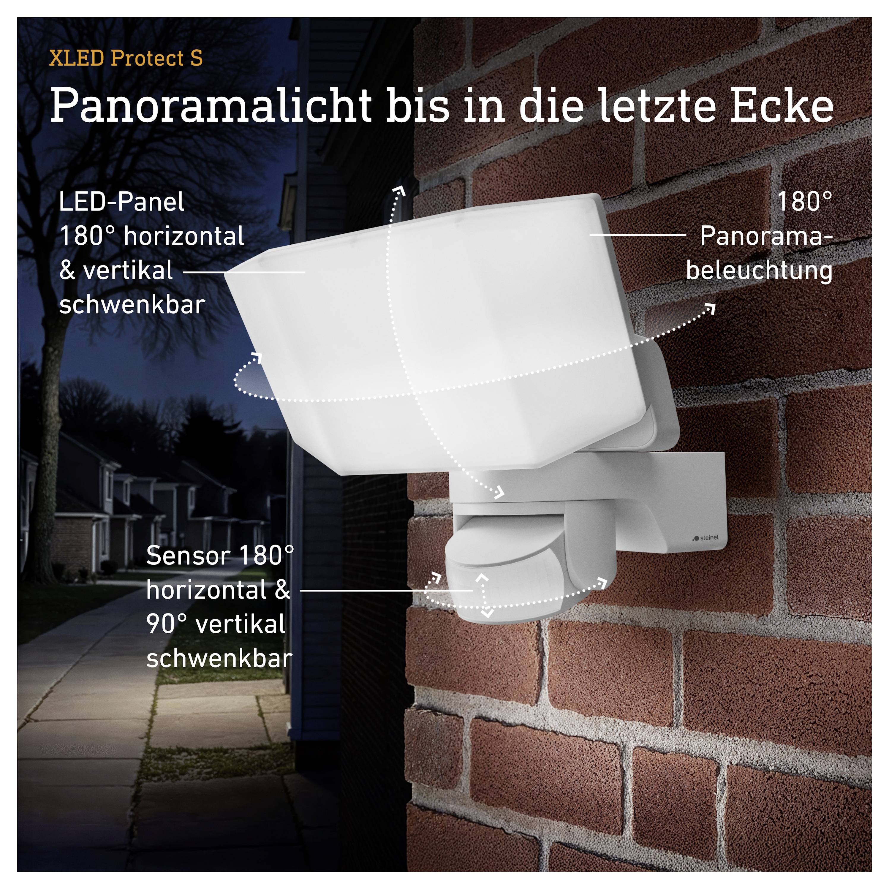 Publicité pour XLED Protect S : Projecteur détecteur de mouvement sur mur de briques avec éclairage panoramique jusqu'au moindre recoin, panneau LED pivotant à 180° et capteur