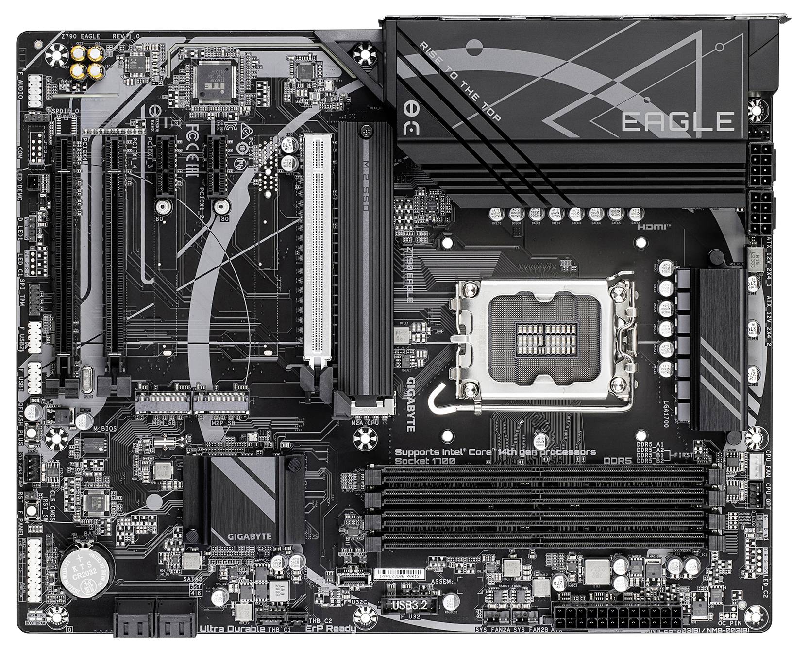 Carte mère d'ordinateur avec plusieurs emplacements pour RAM, socket CPU et emplacements d'extension. Détails du fabricant dans le coin.