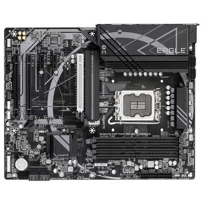 Carte mère d'ordinateur avec plusieurs emplacements pour RAM, socket CPU et emplacements d'extension. Détails du fabricant dans le coin.