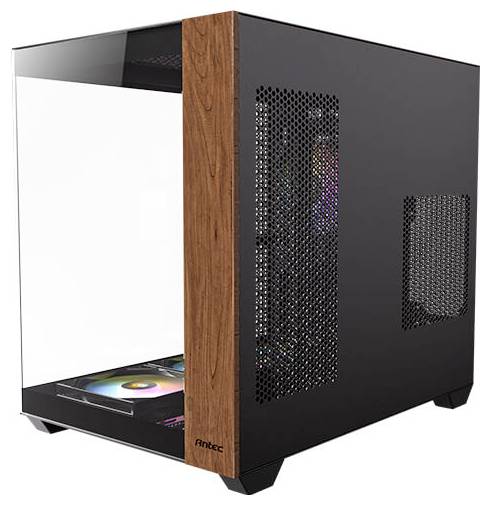 Un boîtier d'ordinateur moderne noir avec façade en verre et accent en bois sur le devant, présentant un éclairage RVB interne.