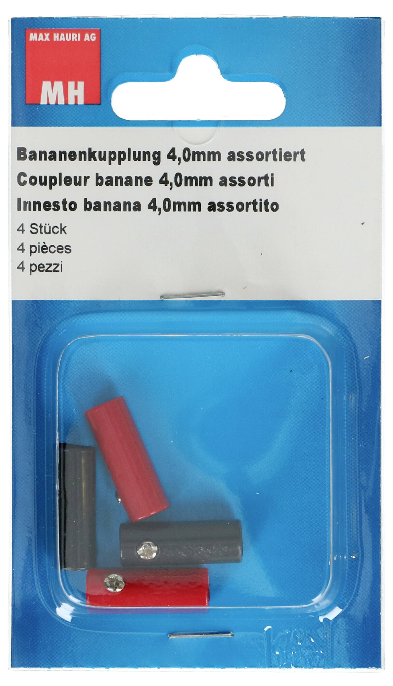 Emballage de 4 coupleurs de banane, 4,0 mm, dans différentes couleurs. Marqué "MH Max Hauri AG".