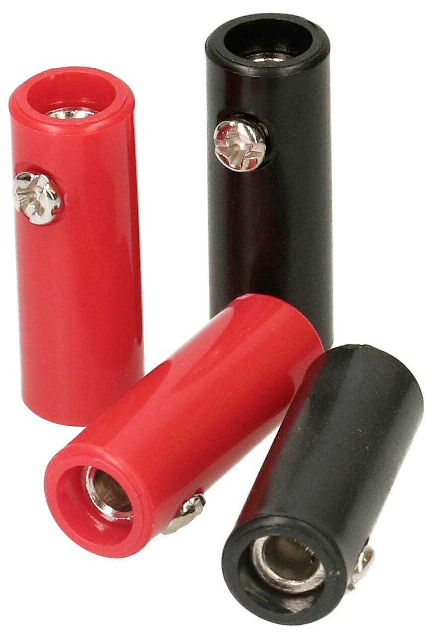 Quatre connecteurs banane isolés, deux rouges et deux noirs, sont disposés en position verticale et horizontale.