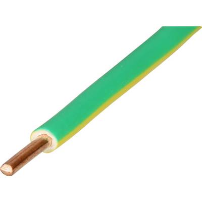 Un câble unique avec une gaine verte et jaune et un fil de cuivre visible à l'extrémité, typique de la mise à la terre dans les installations électriques.