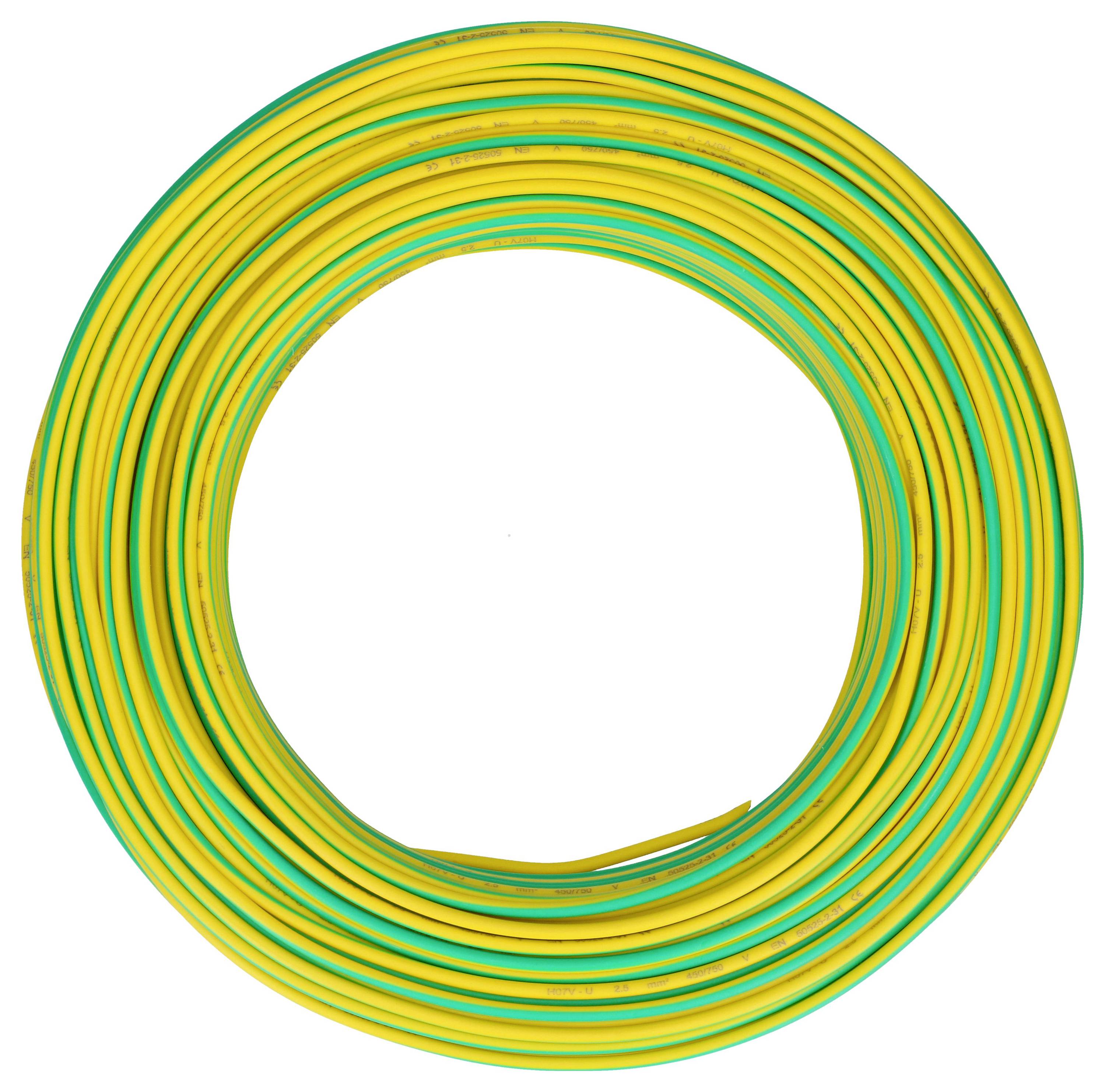 Câble jaune-vert enroulé en bobine circulaire, couramment utilisé pour la mise à la terre dans les installations électriques.