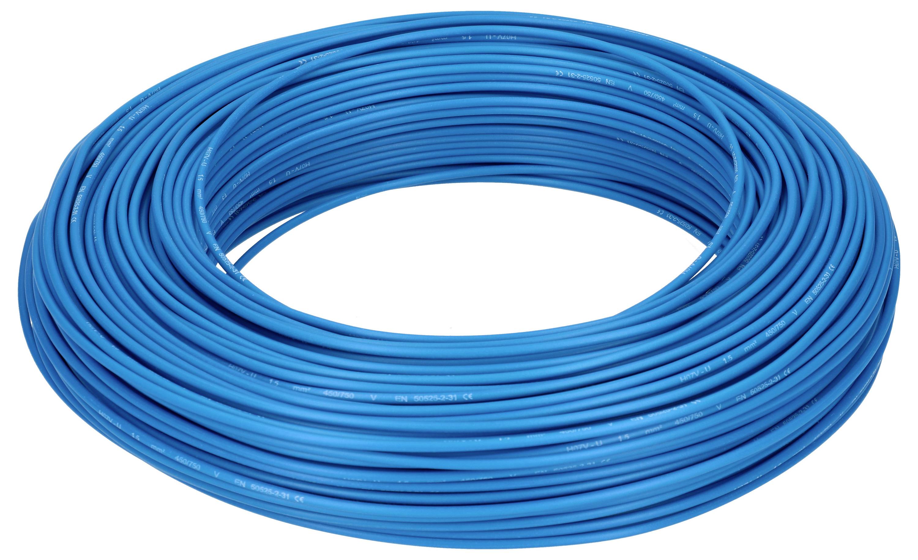 Un grand fil bleu enroulé, rangé en forme de cercle.