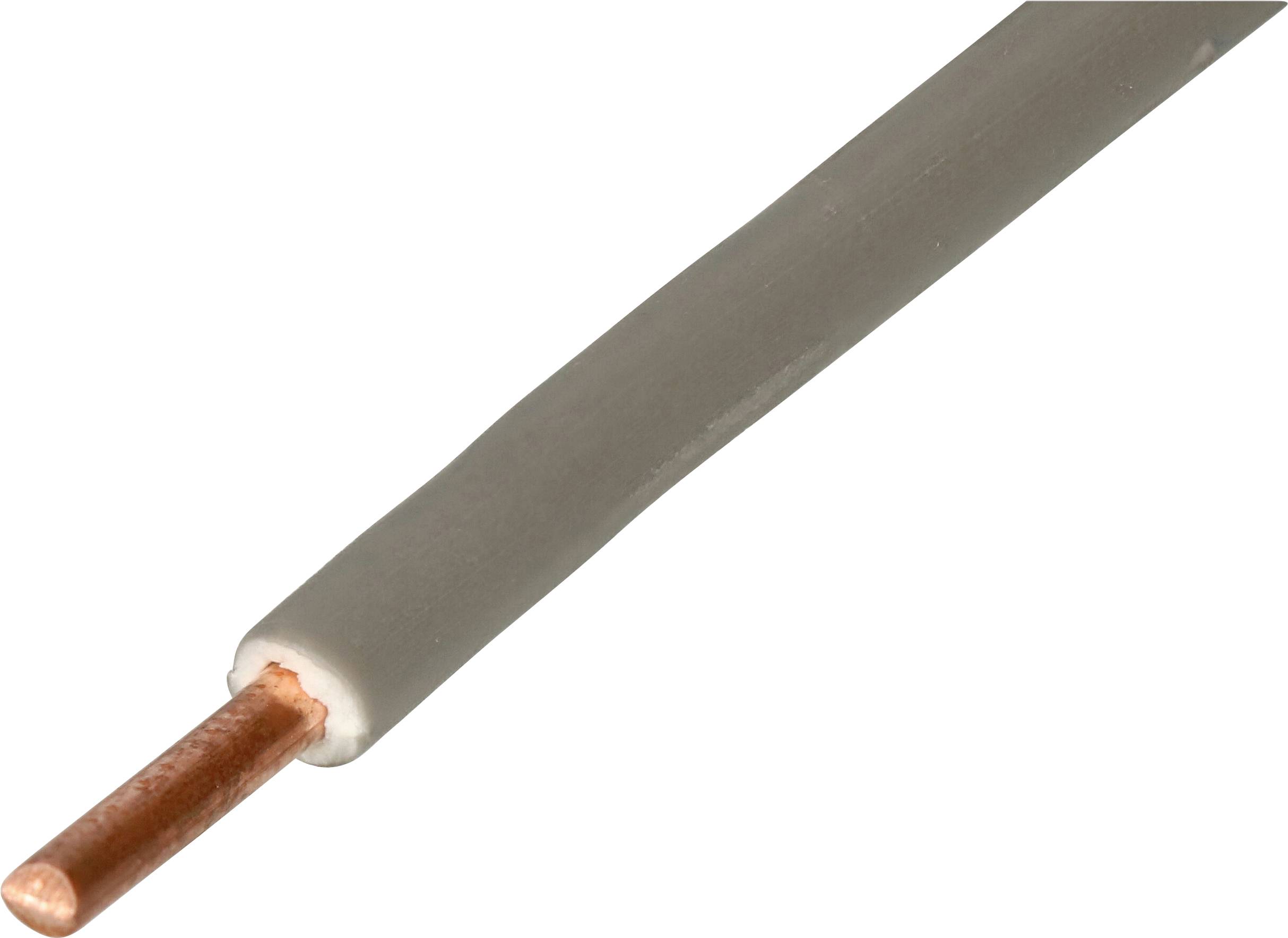 Un câble électrique unique avec un noyau en cuivre et une isolation grise, sur un fond blanc.