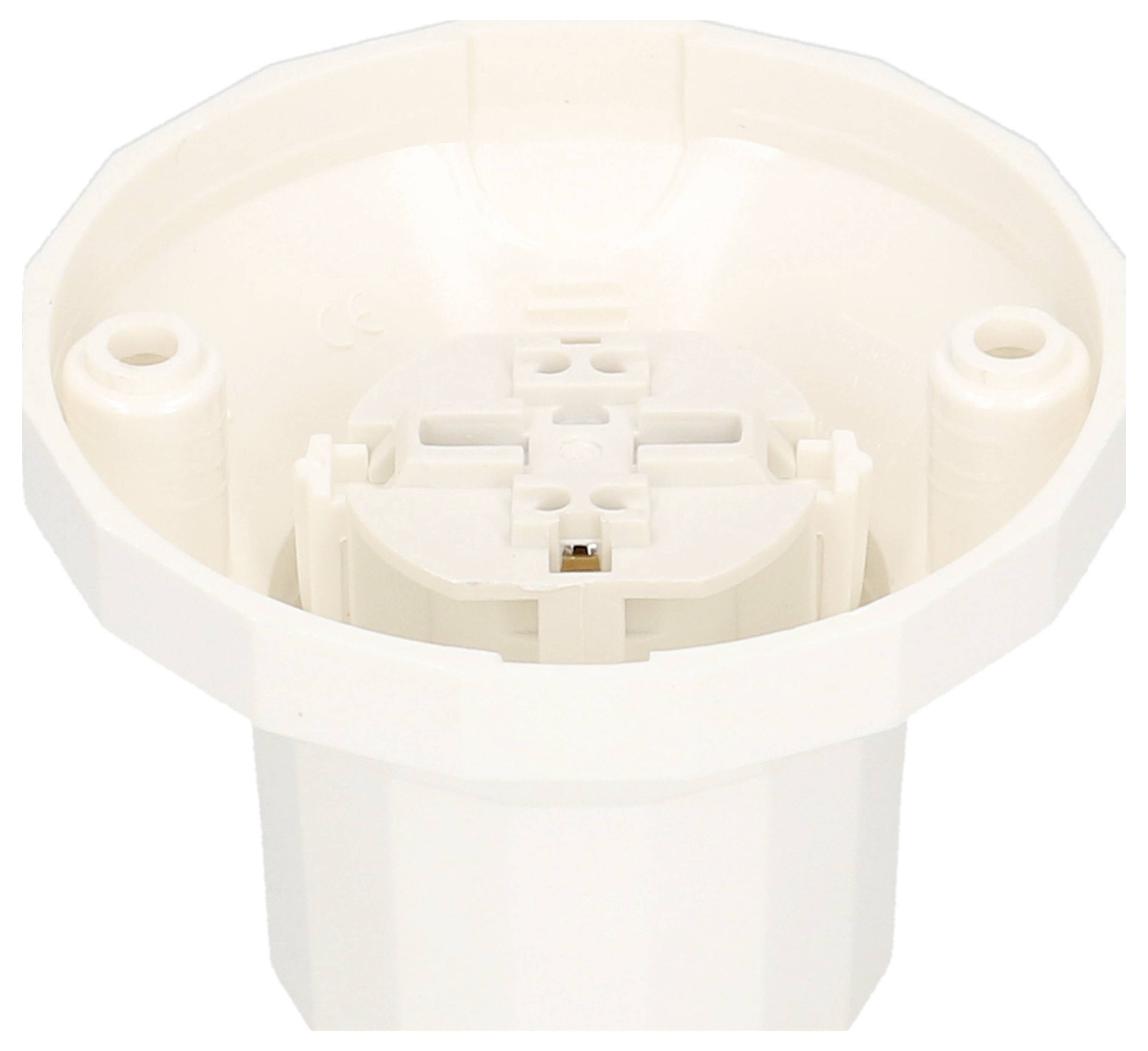 Un socle en plastique blanc, probablement destiné à une lampe ou un luminaire, avec des contacts visibles et des dispositifs de fixation.