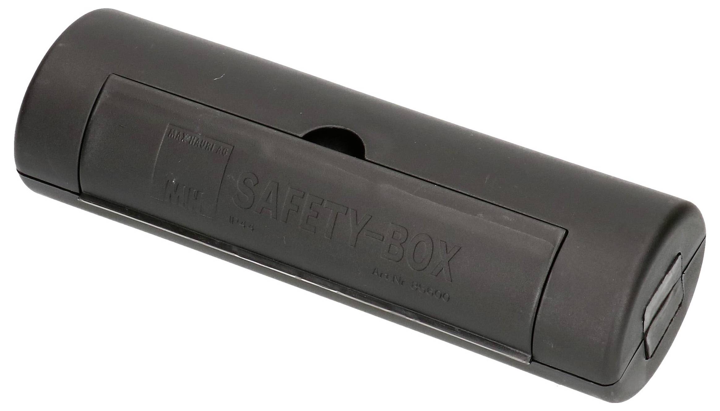 Un boîtier de protection noir cylindrique avec le texte imprimé 'SAFETY BOX'. Sert à ranger des objets en toute sécurité.