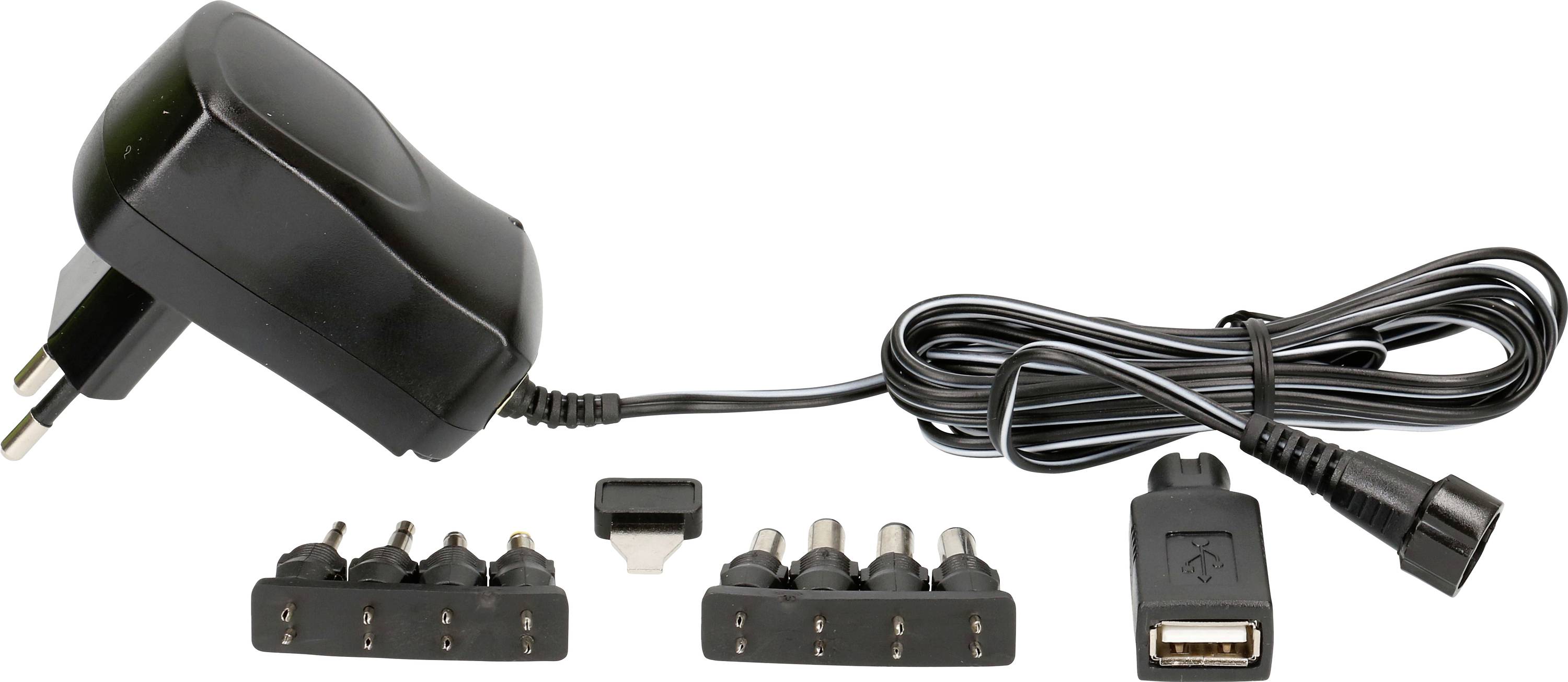 Bloc d'alimentation noir brillant avec plusieurs fiches interchangeables et port USB, adapté à différents appareils.