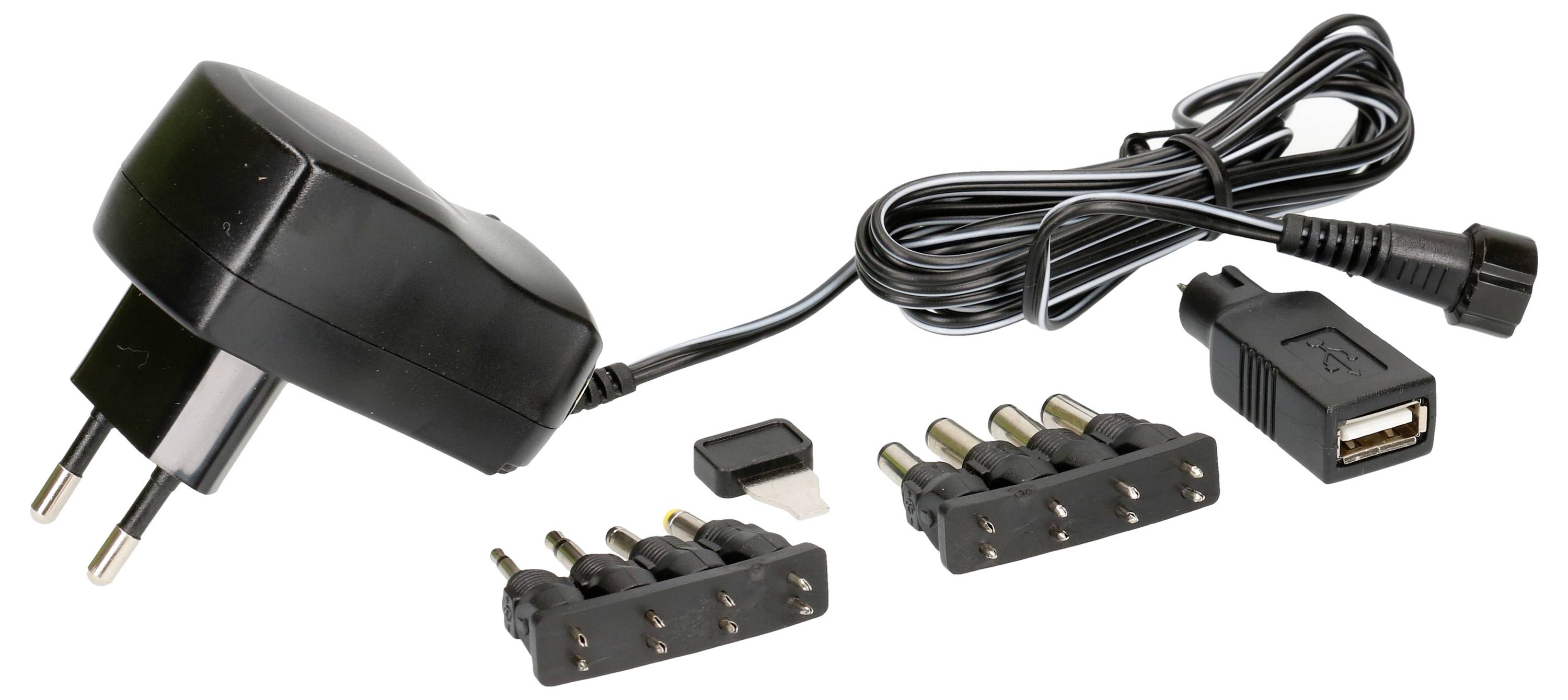 Chargeur universel avec différents adaptateurs et port USB. Adapté à divers appareils et tensions.