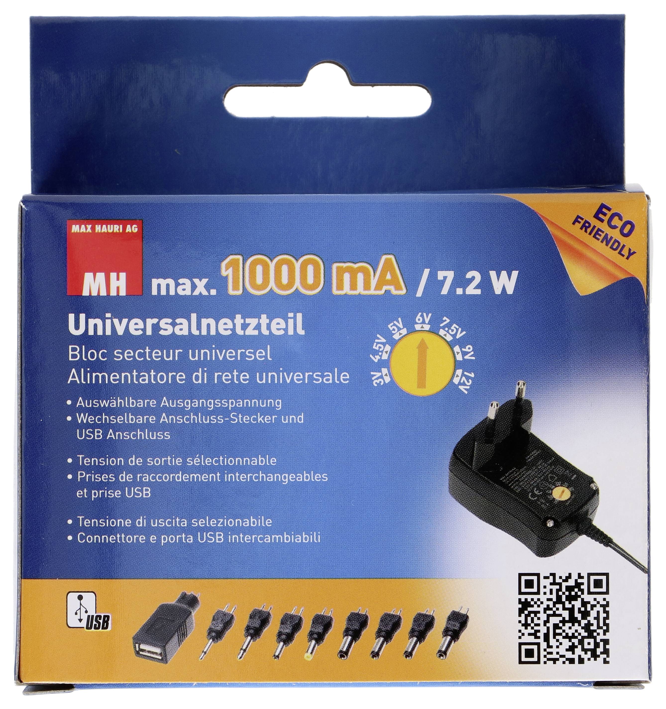 Carton bleu avec illustration d'un bloc d'alimentation universel. Texte : « max. 1000 mA / 7,2 W ». Contient des fiches interchangeables et un port USB.