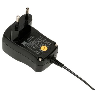Bloc d'alimentation noir avec fiche européenne, adapté aux appareils électroniques. Affiche les spécifications techniques et les symboles de sécurité.