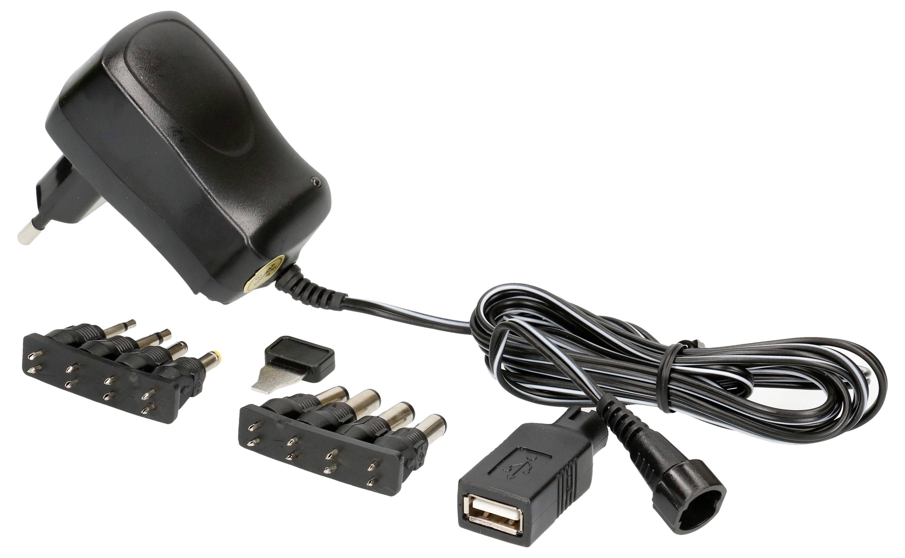 Chargeur universel noir avec plusieurs adaptateurs et port USB. Adapté pour charger divers appareils électroniques.
