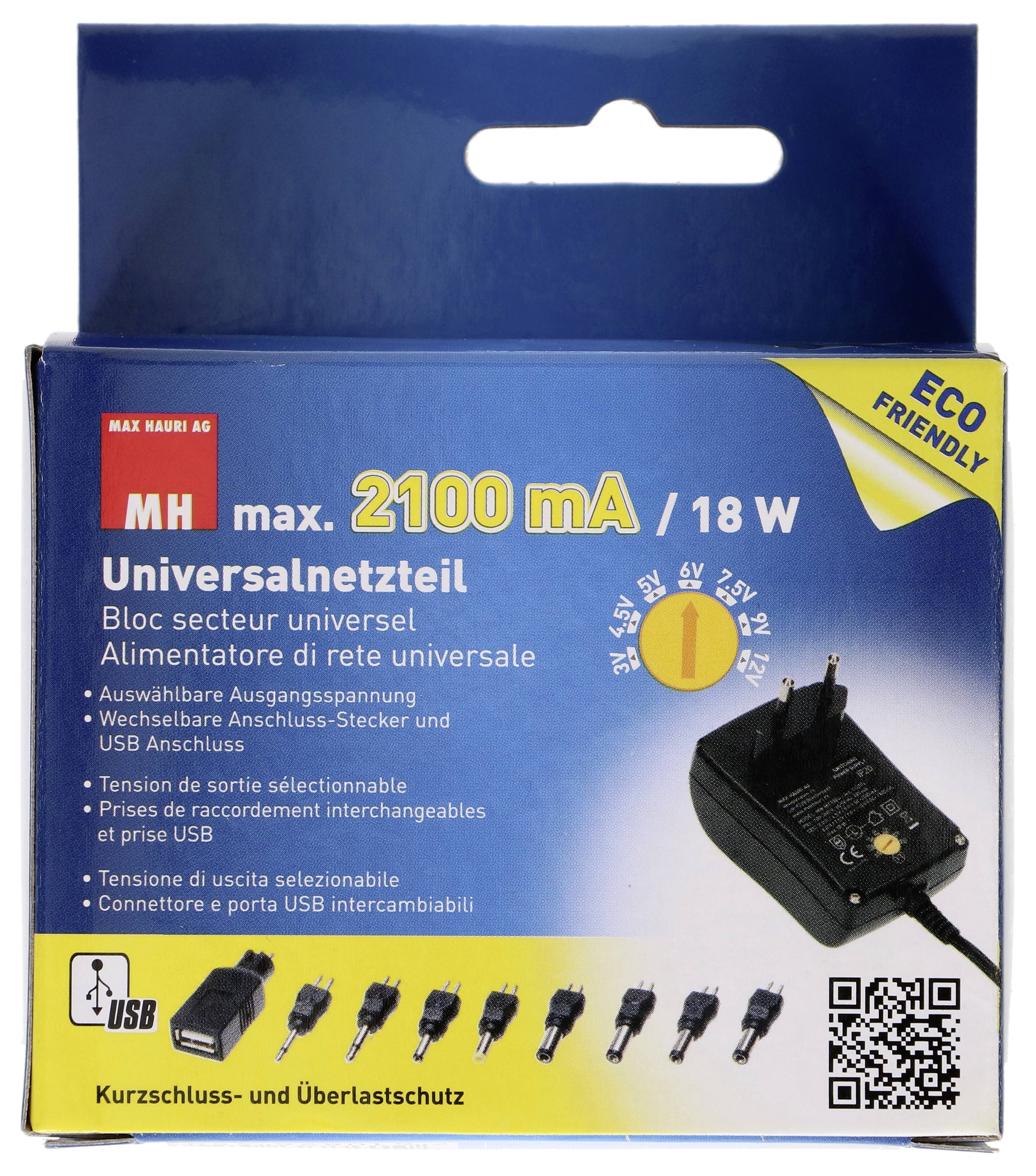 Emballage d'un bloc d'alimentation universel avec différentes options de tension (3V à 12V), port USB et fiches interchangeables.