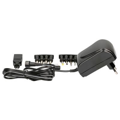 Un bloc d'alimentation noir avec une fiche européenne et un adaptateur amovible. Plusieurs fiches interchangeables sont disposées à côté.