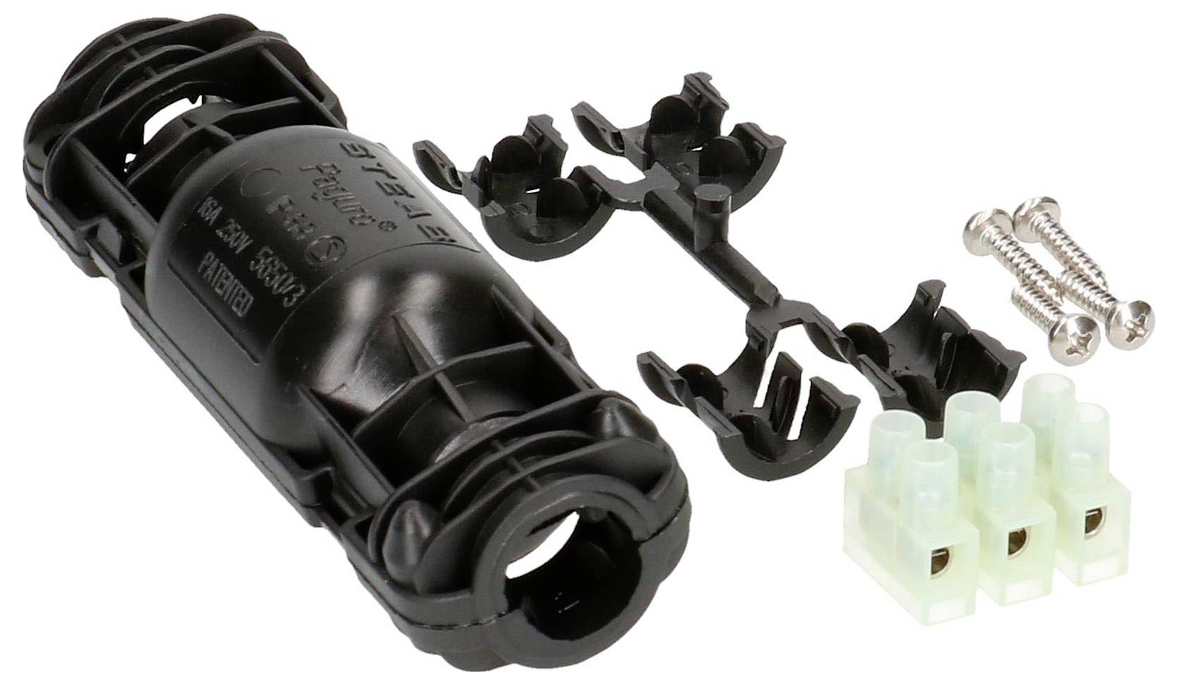 Manchons de connexion de câbles noirs avec des pinces en plastique et des vis métalliques. Adaptés aux réparations de câbles en intérieur et en extérieur.