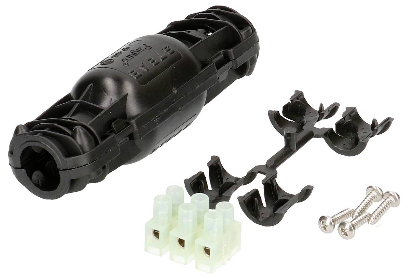 Manchons de connexion électriques noirs avec accessoires : deux supports de câble, bloc de connexion tripolaire et vis de montage.