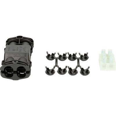 Connecteur en plastique noir avec huit clips de fixation et un adaptateur enfichable multipolaire transparent.