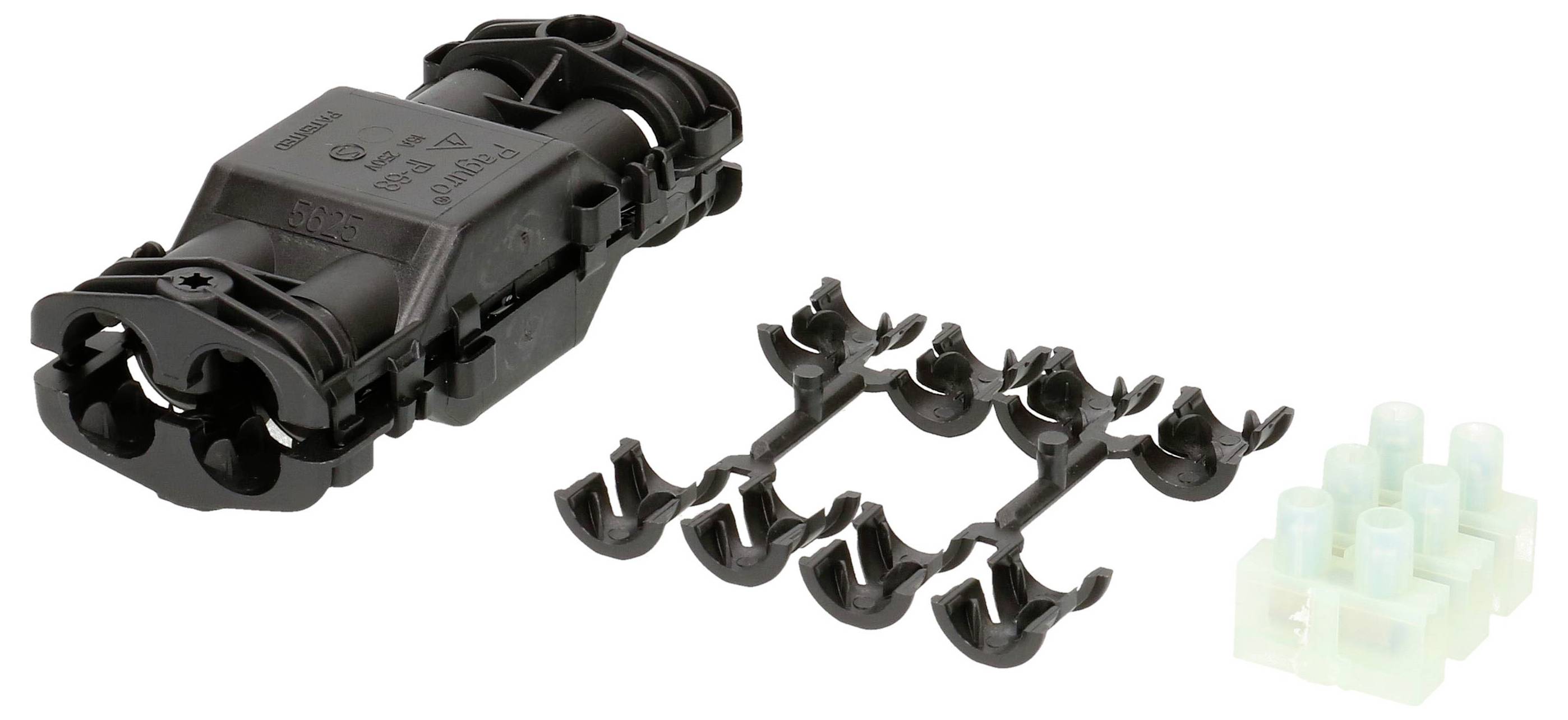 Connecteur de câble noir avec accessoires, tels que supports et bornes de connexion, sur fond blanc.