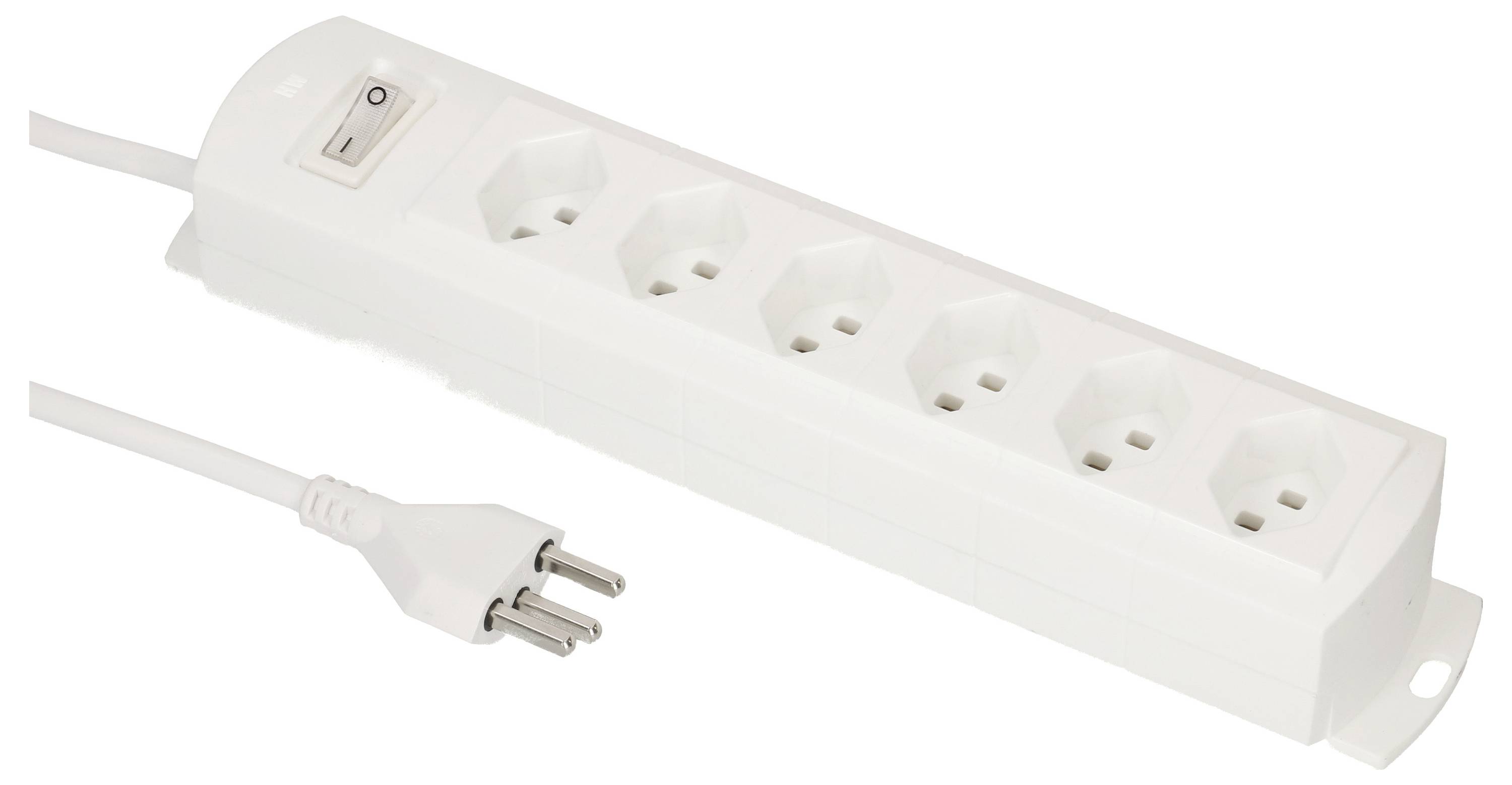 Une barrette multiprises blanche avec six prises et un interrupteur à bascule.