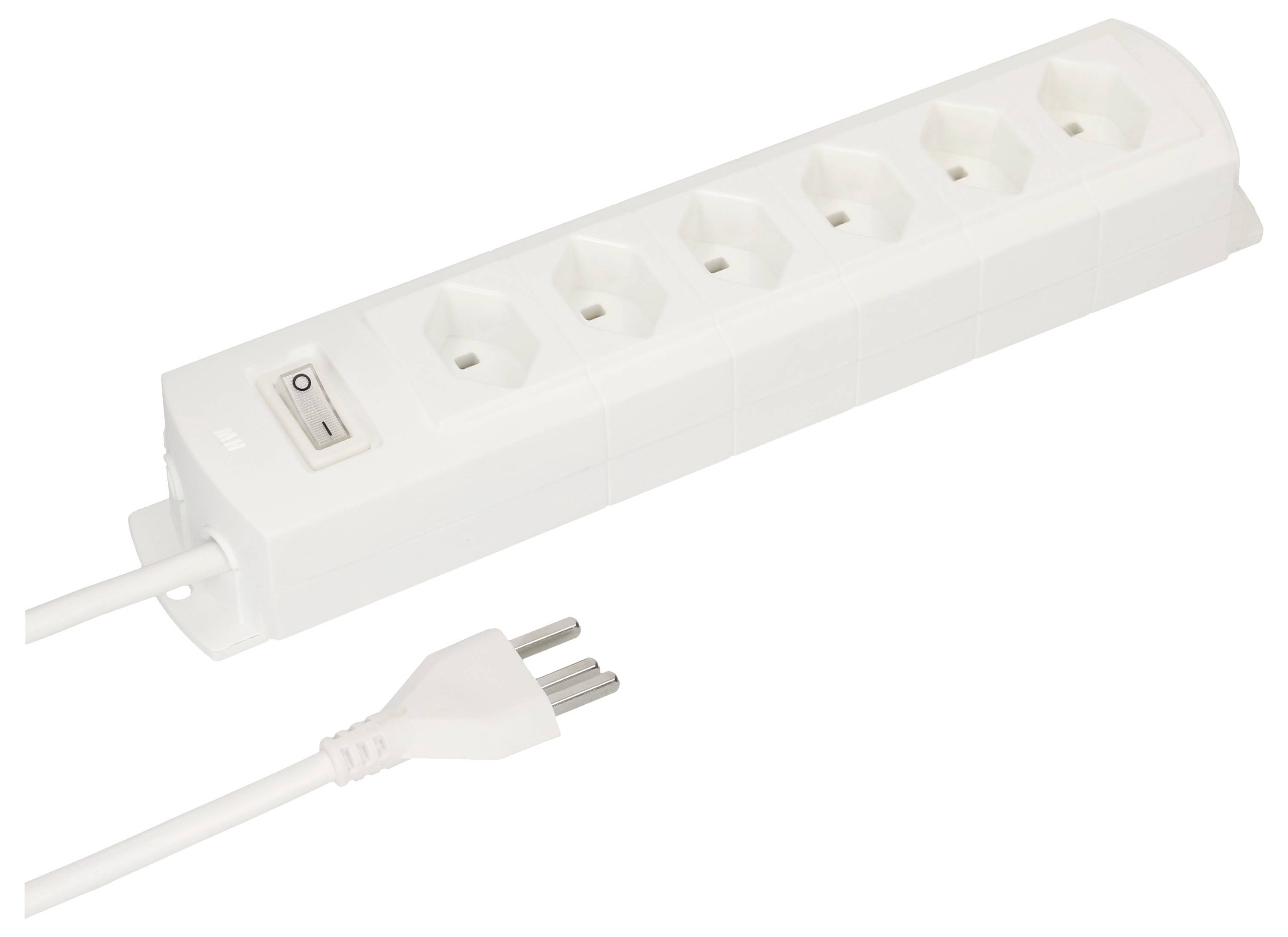 Une multiprise blanche avec six emplacements et un interrupteur. Un câble d'alimentation blanc est branché.