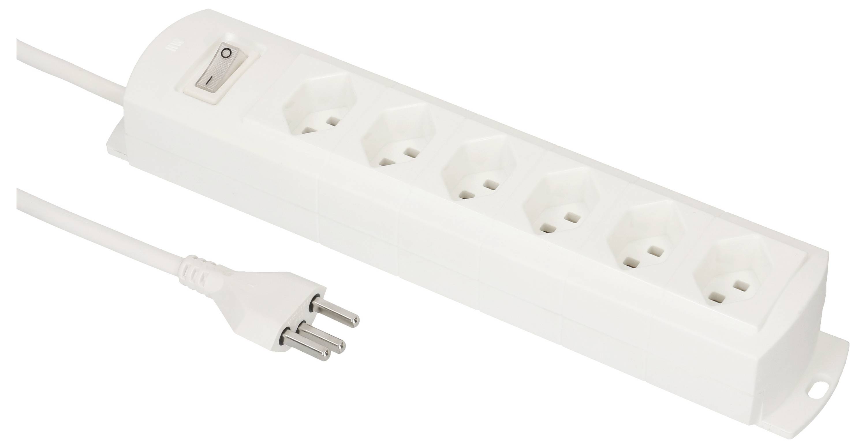 Multiprise blanche à six prises avec interrupteur et fiche coudée, adaptée à l'alimentation électrique de plusieurs appareils.