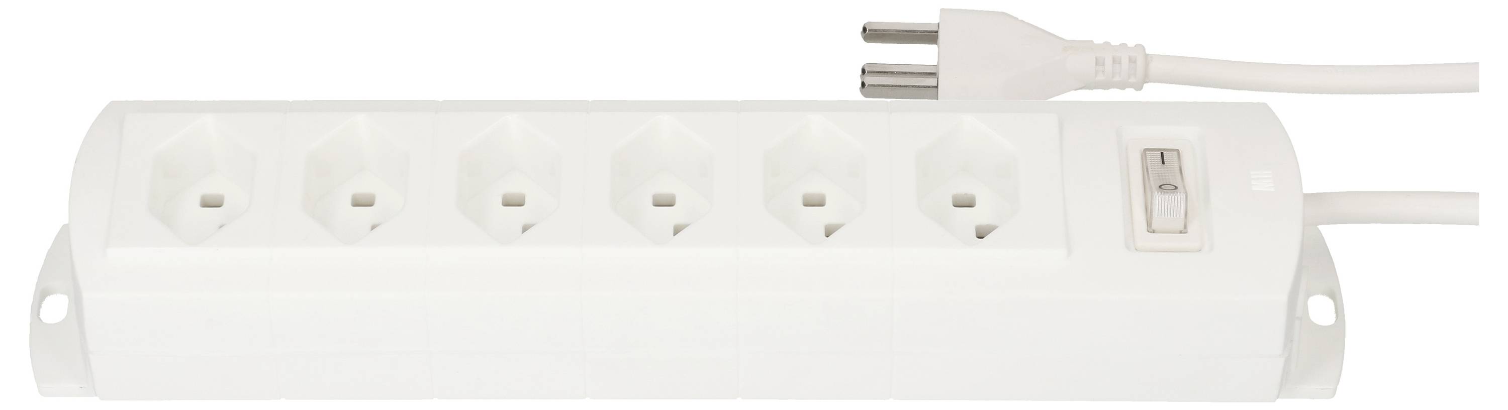 Une barrette multiprise blanche à six prises et avec un interrupteur.