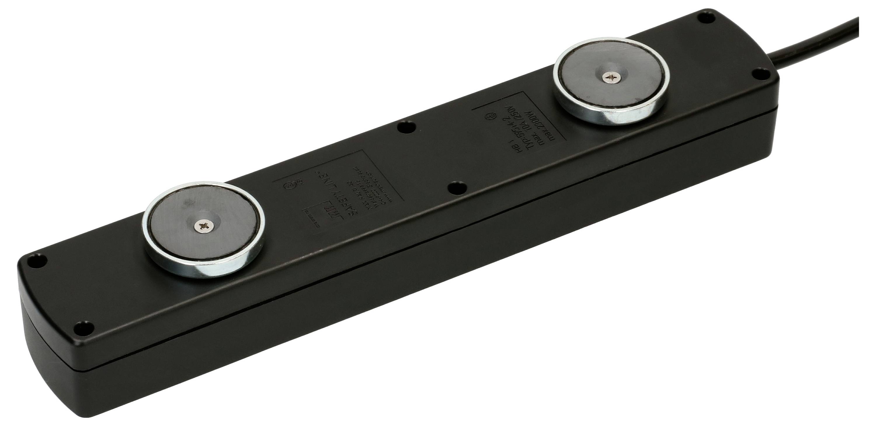Un électroaimant noir rectangulaire avec deux disques métalliques ronds en haut, relié par un câble sur le côté droit.