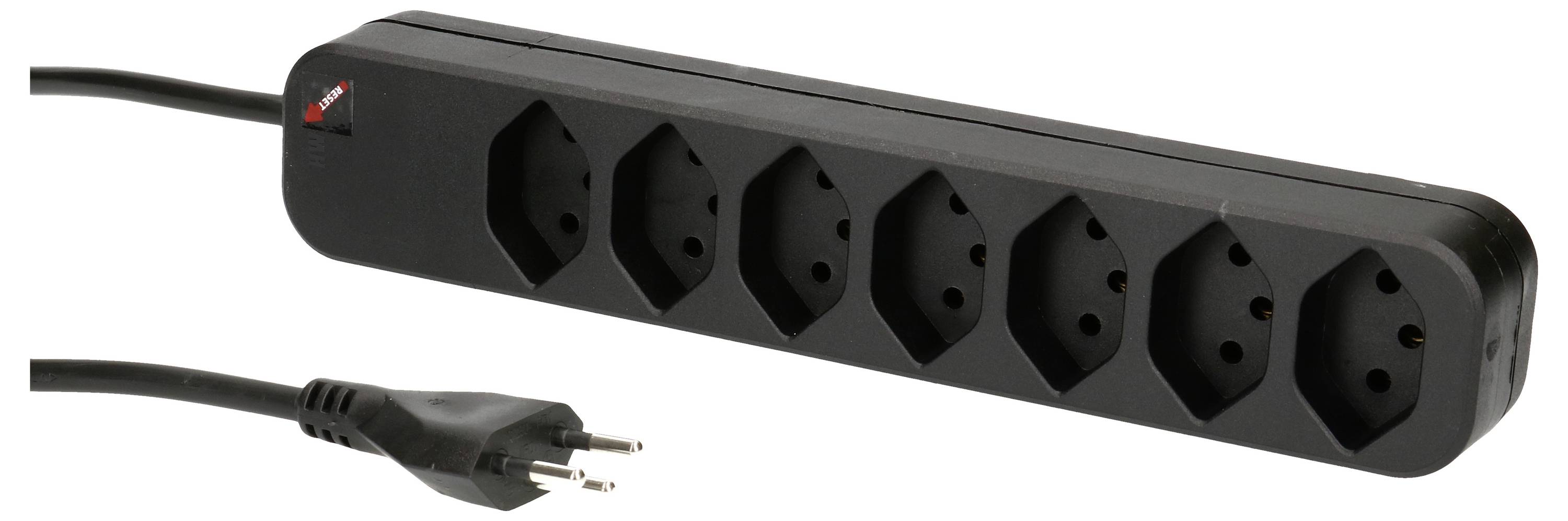 Bloc multiprises noir à six emplacements avec une fiche bipolaire, adapté à la distribution électrique pour plusieurs appareils.