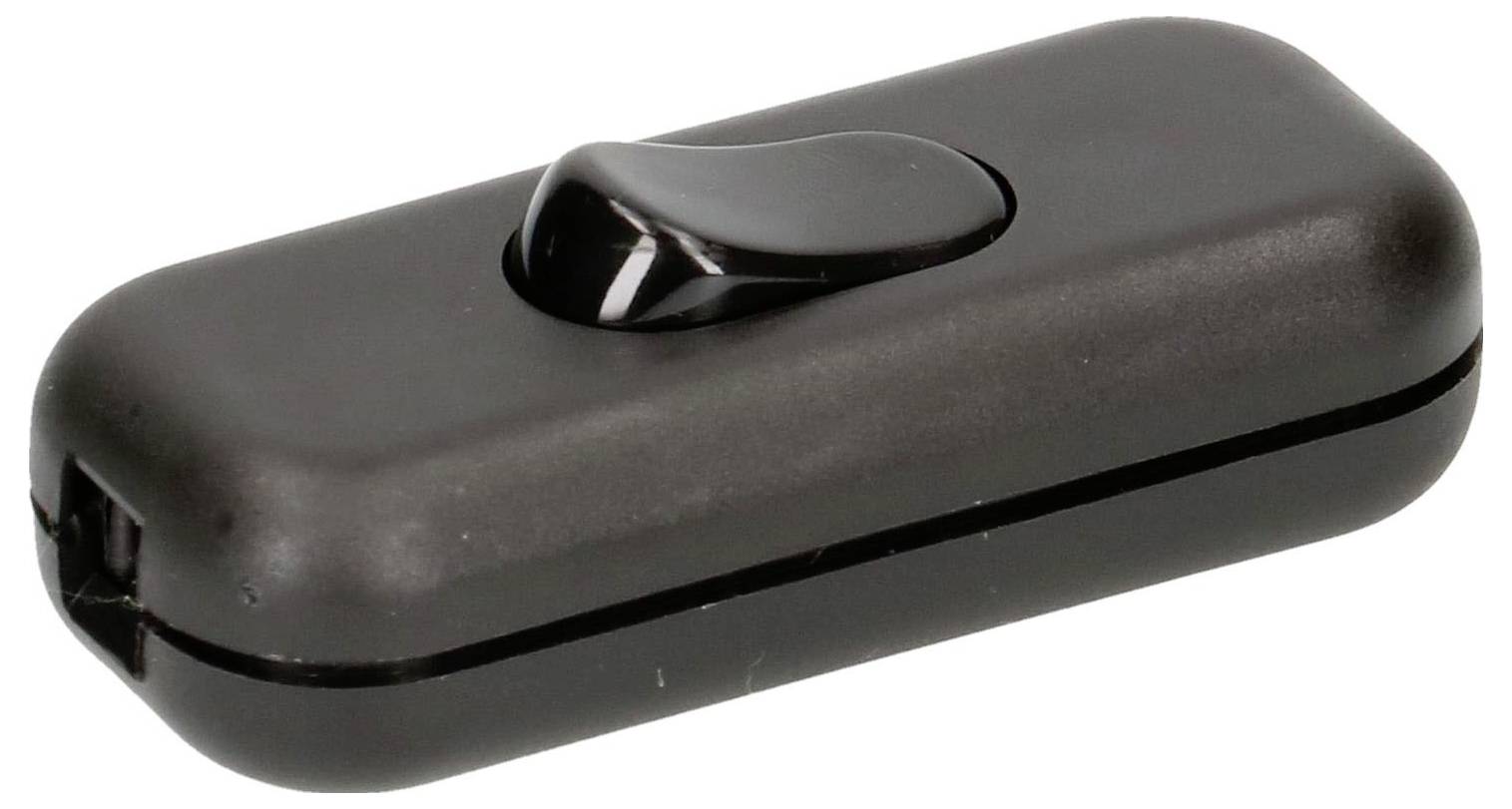 Un interrupteur à bascule noir en plastique, de forme cylindrique, avec une prise à gauche et à droite. Adapté pour le contrôle d'appareils électriques.