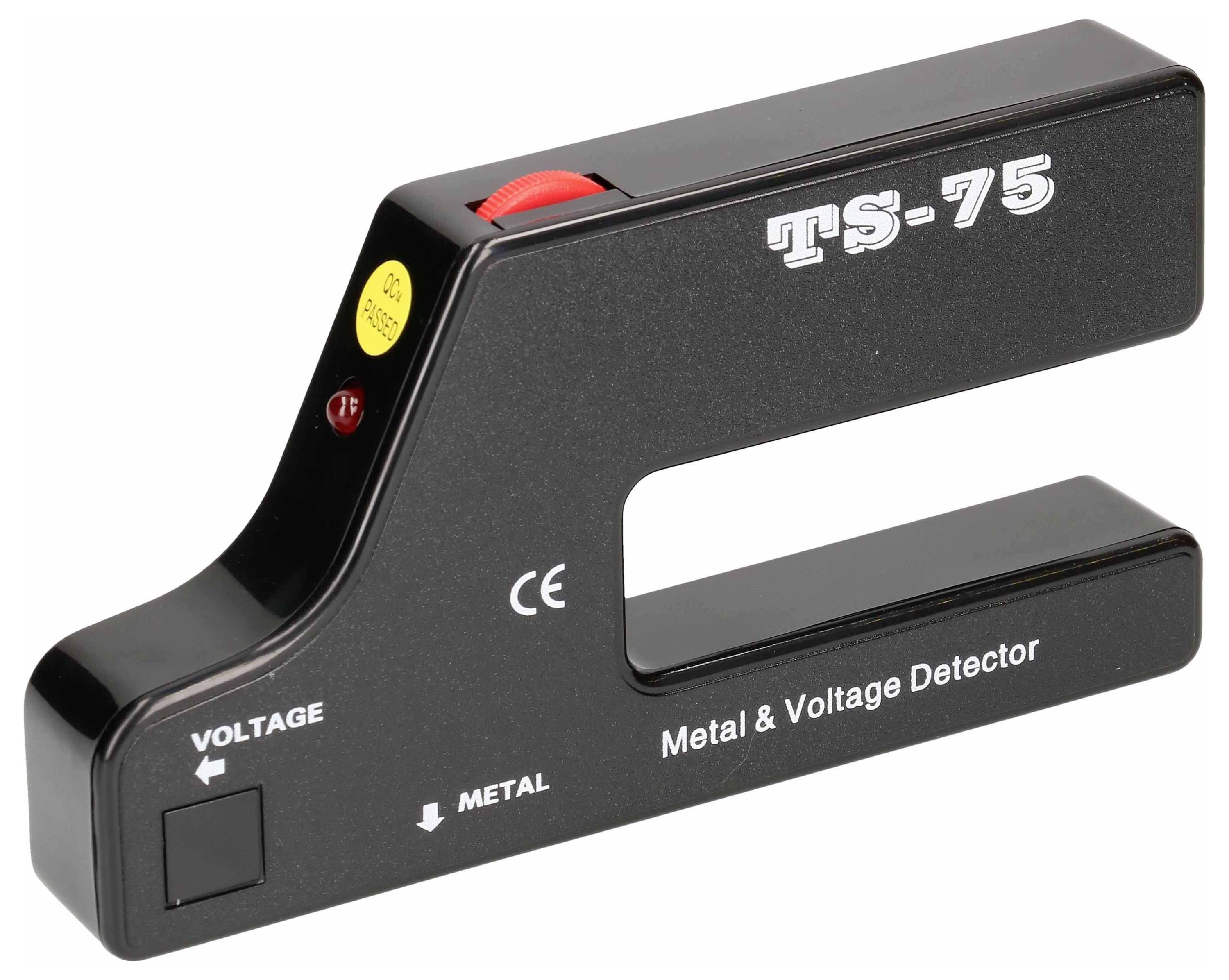 Détecteur de tension et de métaux TS-75 en version noire, indiquant la tension par un signal lumineux rouge.
