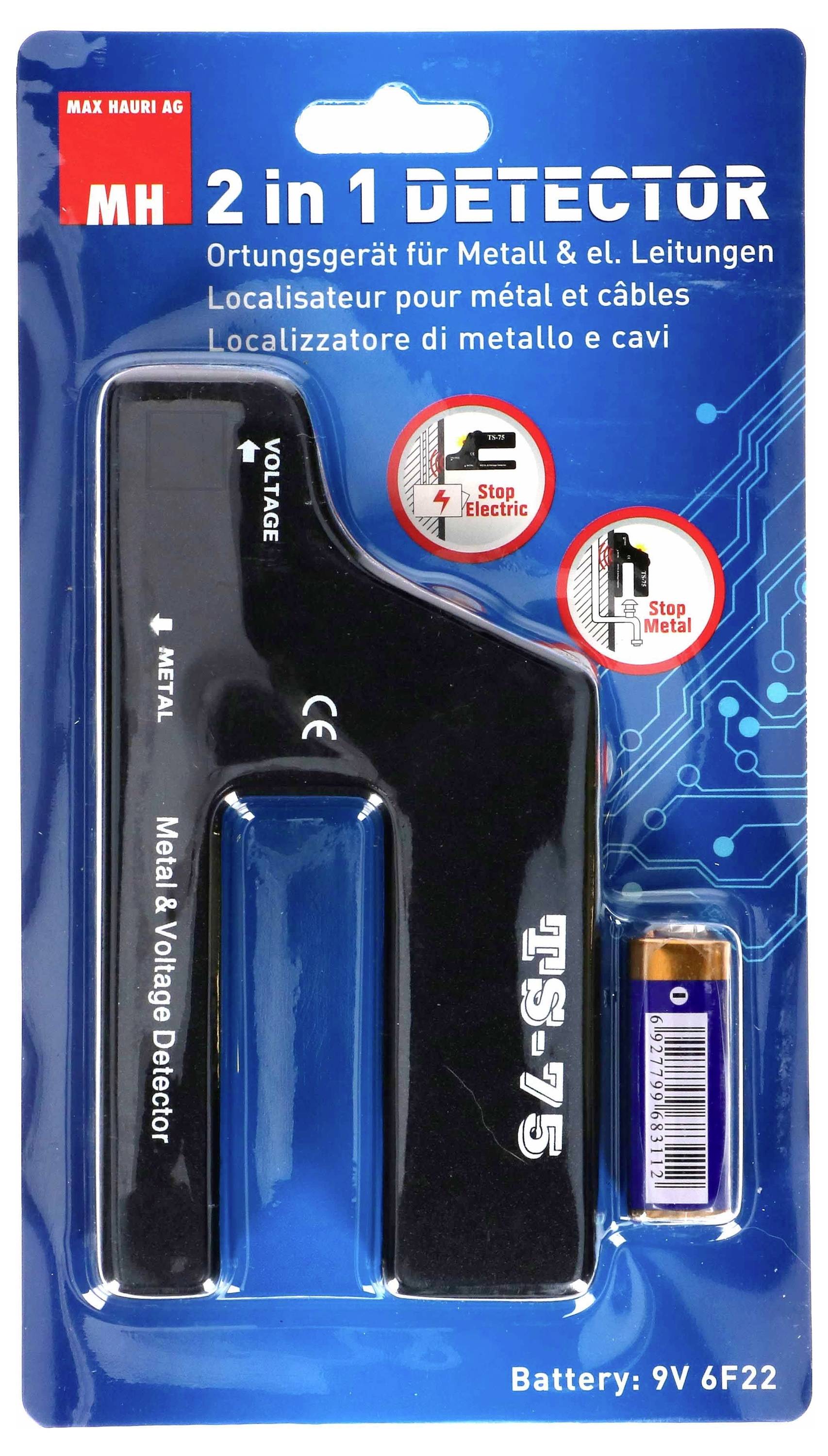 'Détecteur de métal et de lignes électroniques. Comprend une batterie 9V. Appareil noir dans un emballage bleu.'