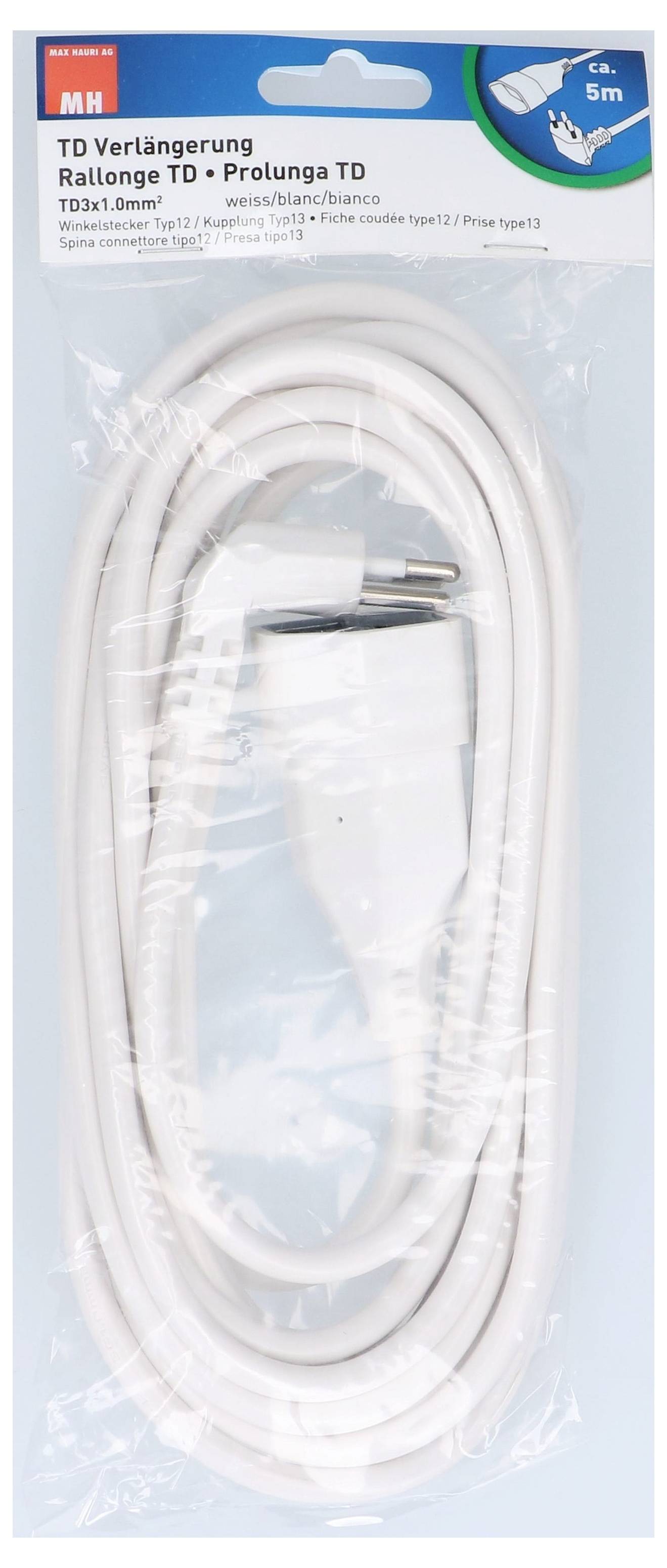 Rallonge électrique blanche de 5 mètres avec étiquette 'TD Rallonge', adaptée à une utilisation en intérieur.