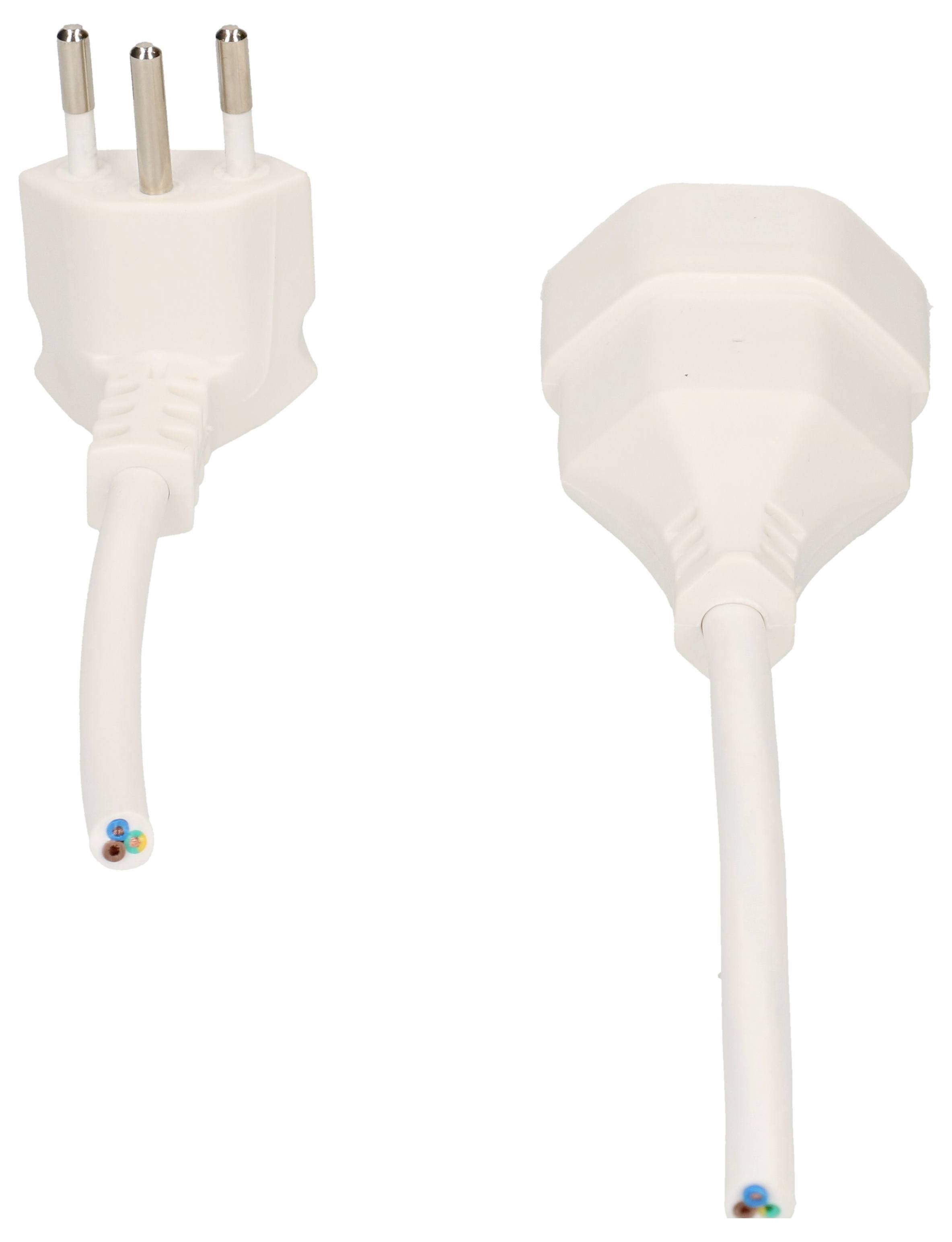 Une fiche électrique blanche à trois broches métalliques sectionnée, à côté de laquelle se trouve la face arrière sectionnée de la même fiche.