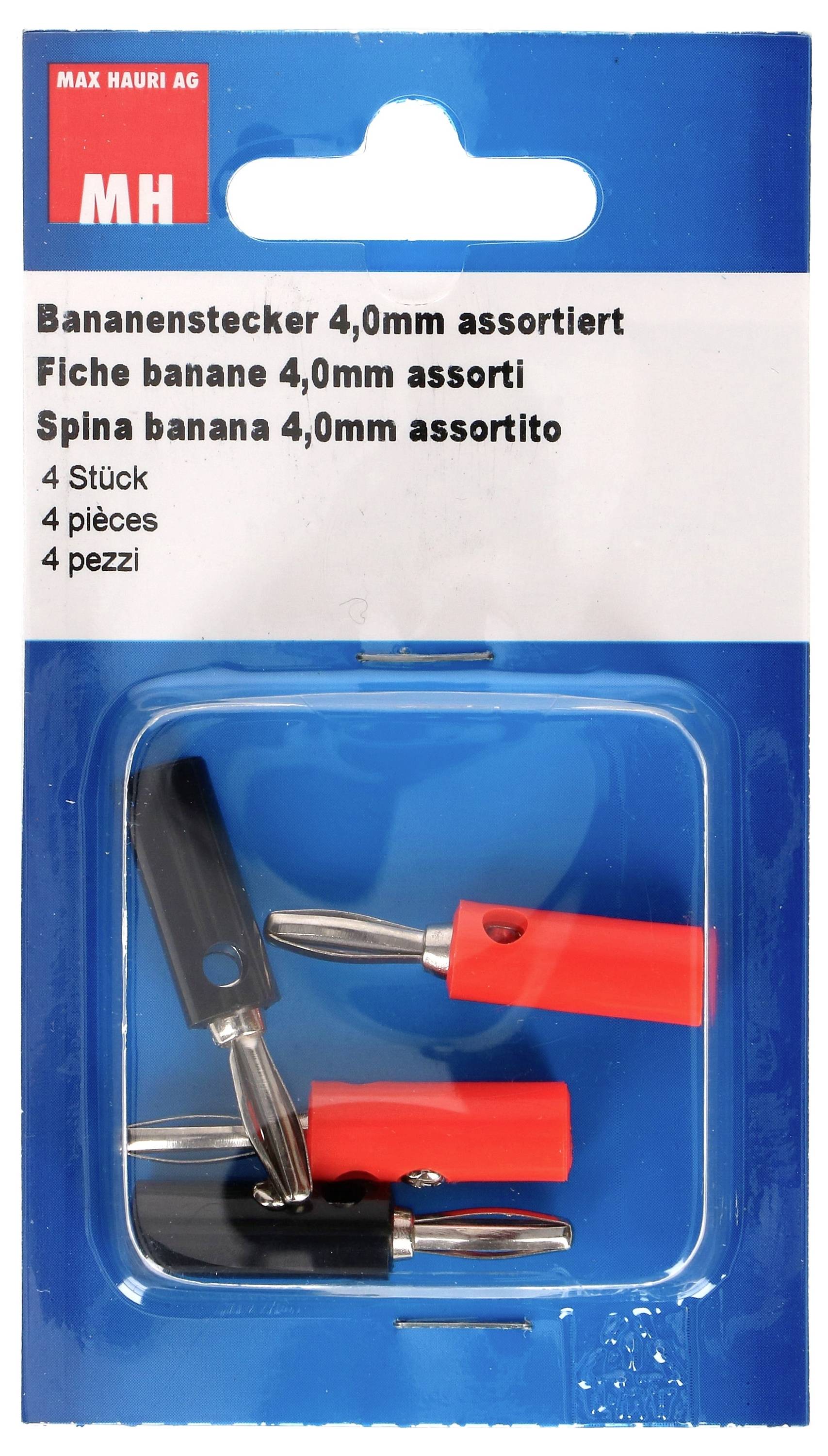Connecteurs banane 4,0 mm assortis. Emballage contenant quatre connecteurs : deux noirs, deux rouges. Emballage de vente avec étiquette imprimée.