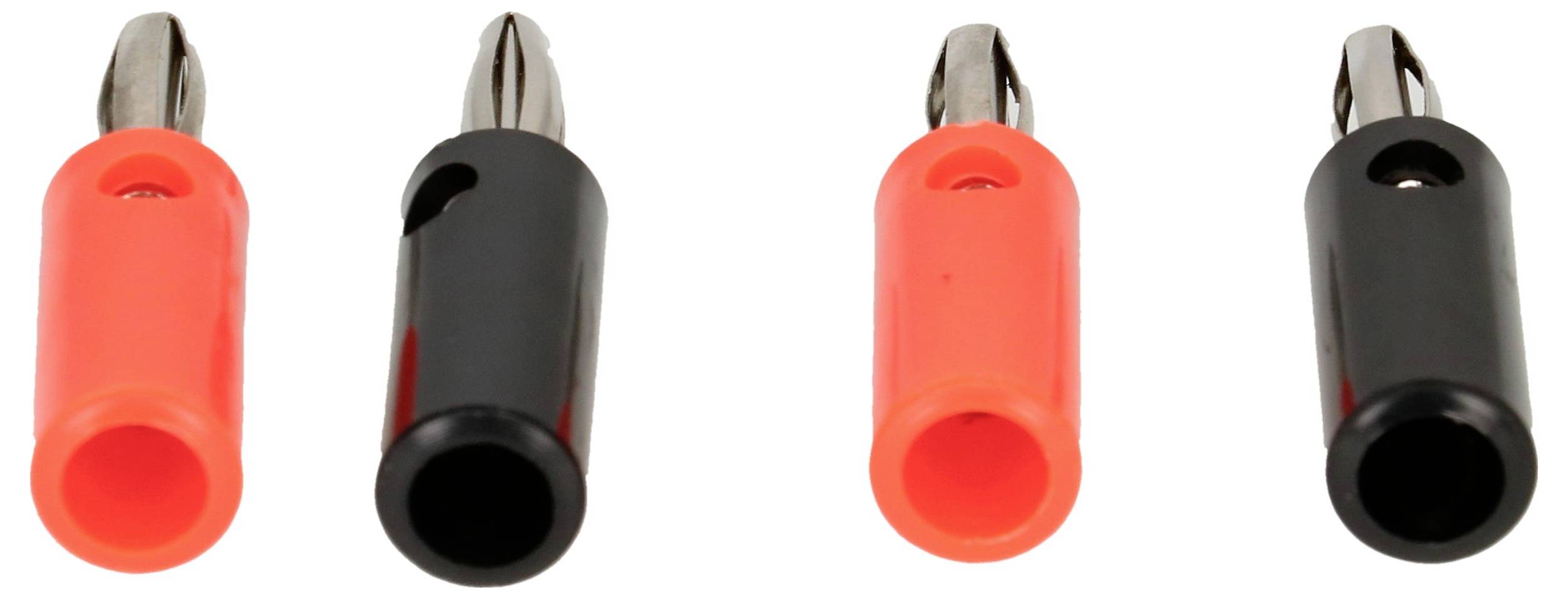 Quatre fiches bananes isolées en rouge et noir, disposées côte à côte. Elles sont destinées à la connexion d'appareils électriques.