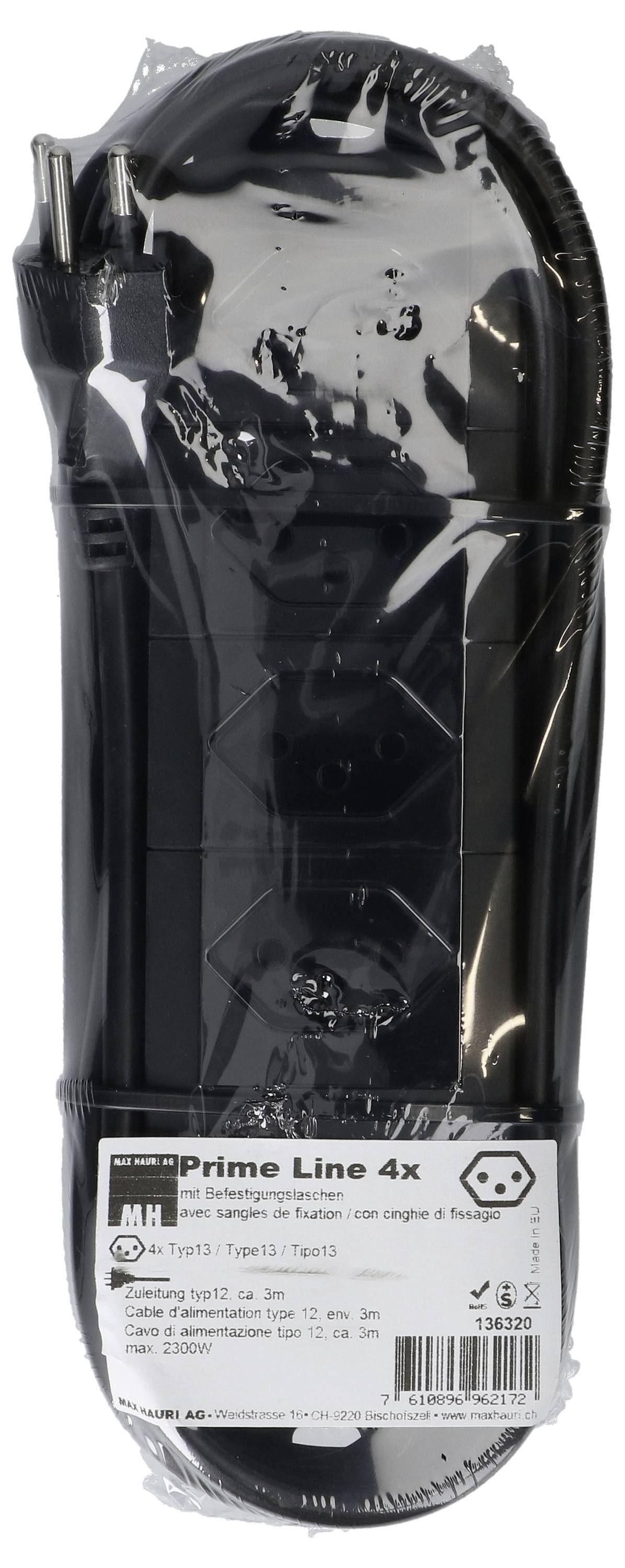 Un câble de rallonge noir avec plusieurs prises électriques dans un emballage en plastique transparent, étiqueté 'Prime Line 4x'.